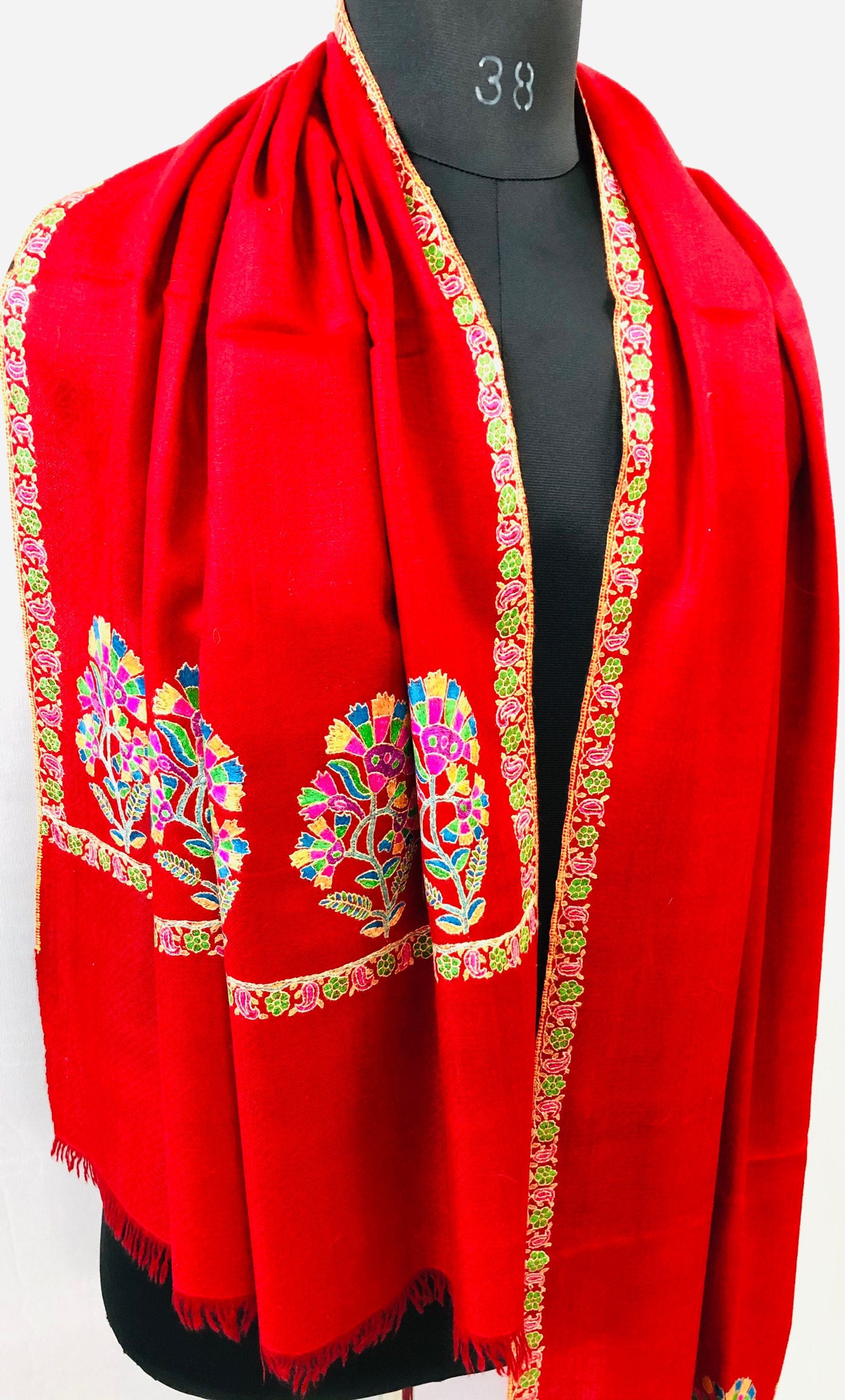 Floral Embroidered Red Cashmere Pashmina Shawl: Handmade Kani Scarf