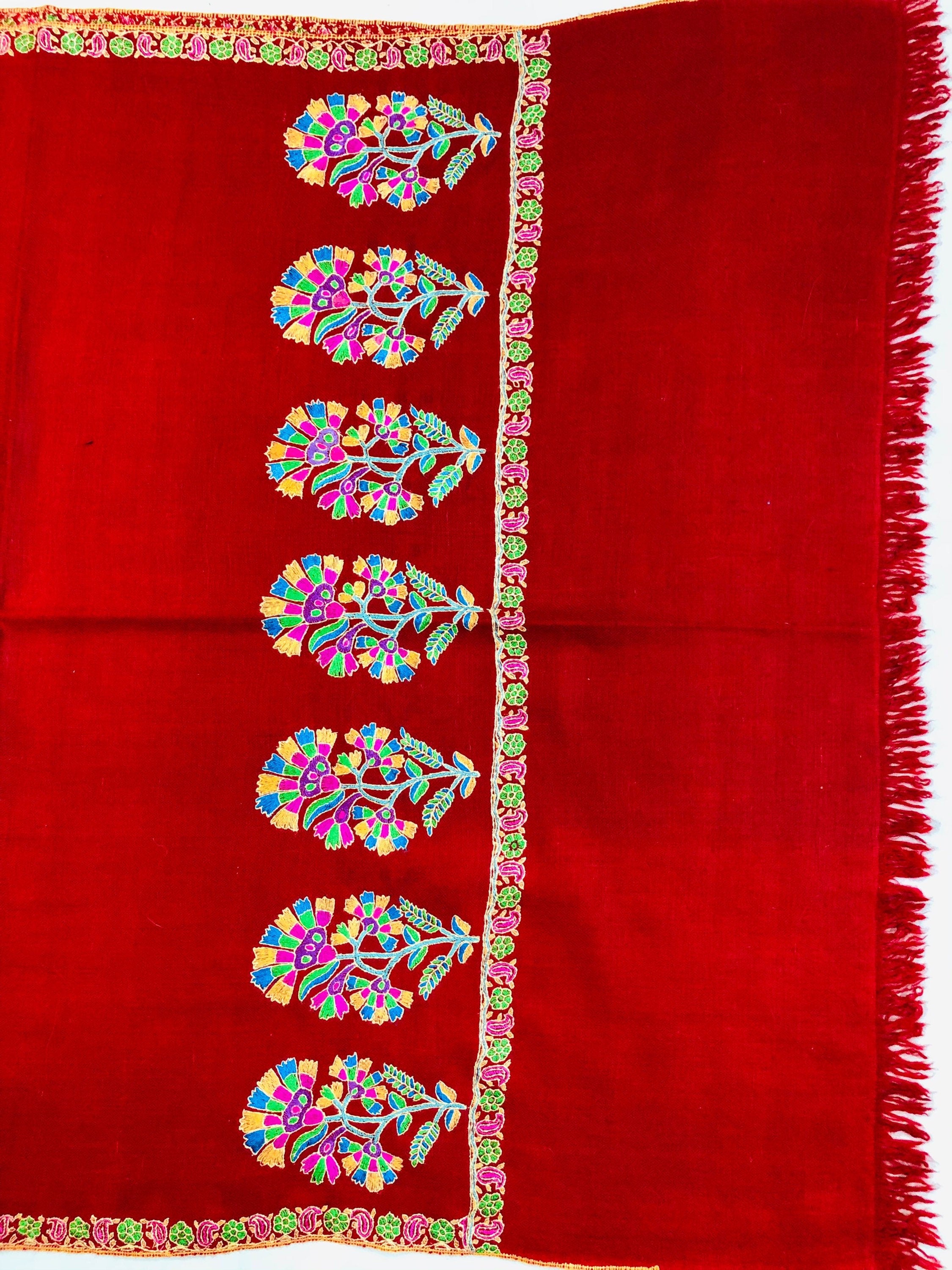 Floral Pashmina cyber monday Red Seamless Floral Kani Embroidery Palla Handmade Real Cashmere Pashmina Stole Scarf Shawl - Mehraj Crafts 