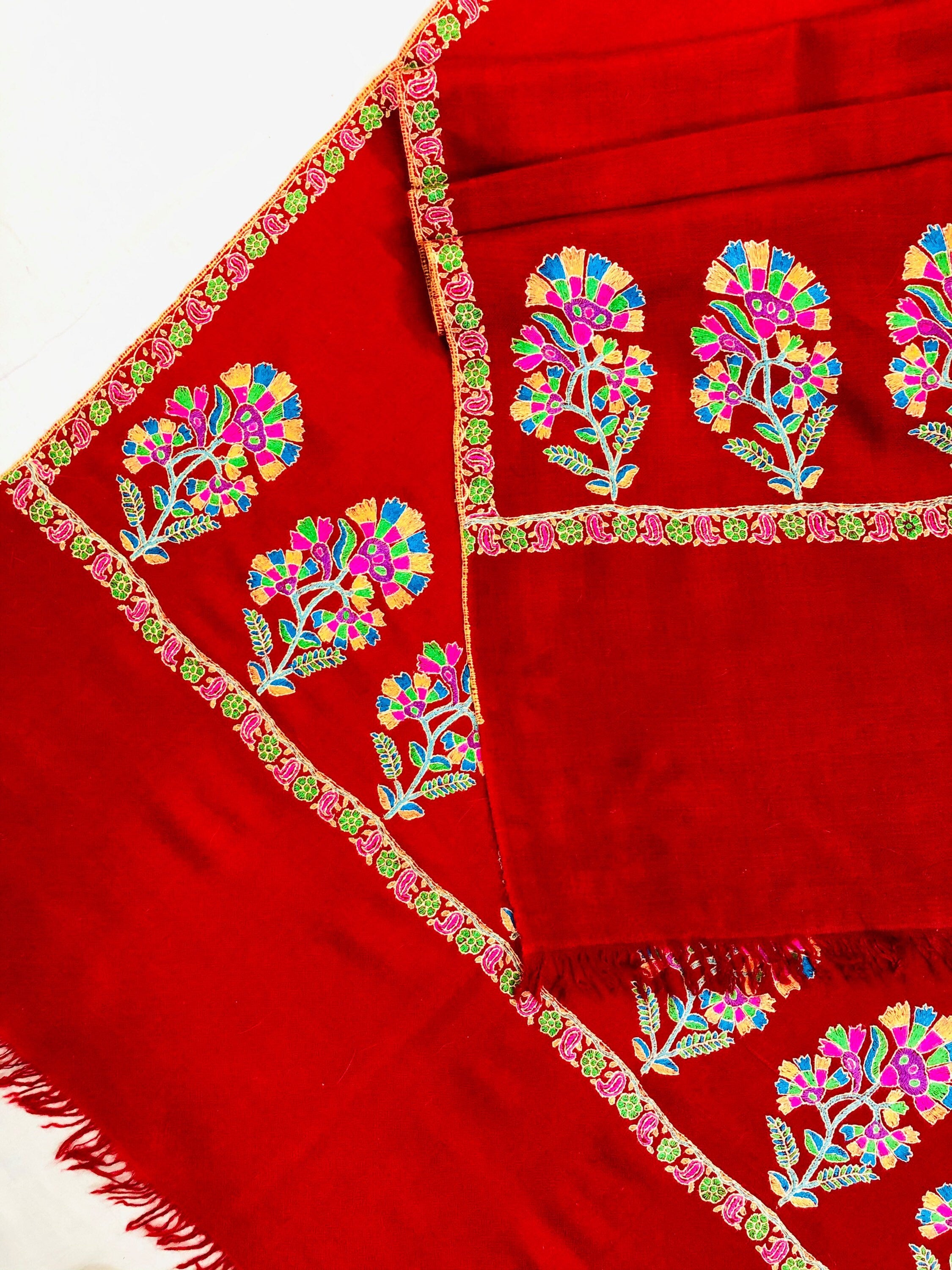 Floral Pashmina cyber monday Red Seamless Floral Kani Embroidery Palla Handmade Real Cashmere Pashmina Stole Scarf Shawl - Mehraj Crafts 