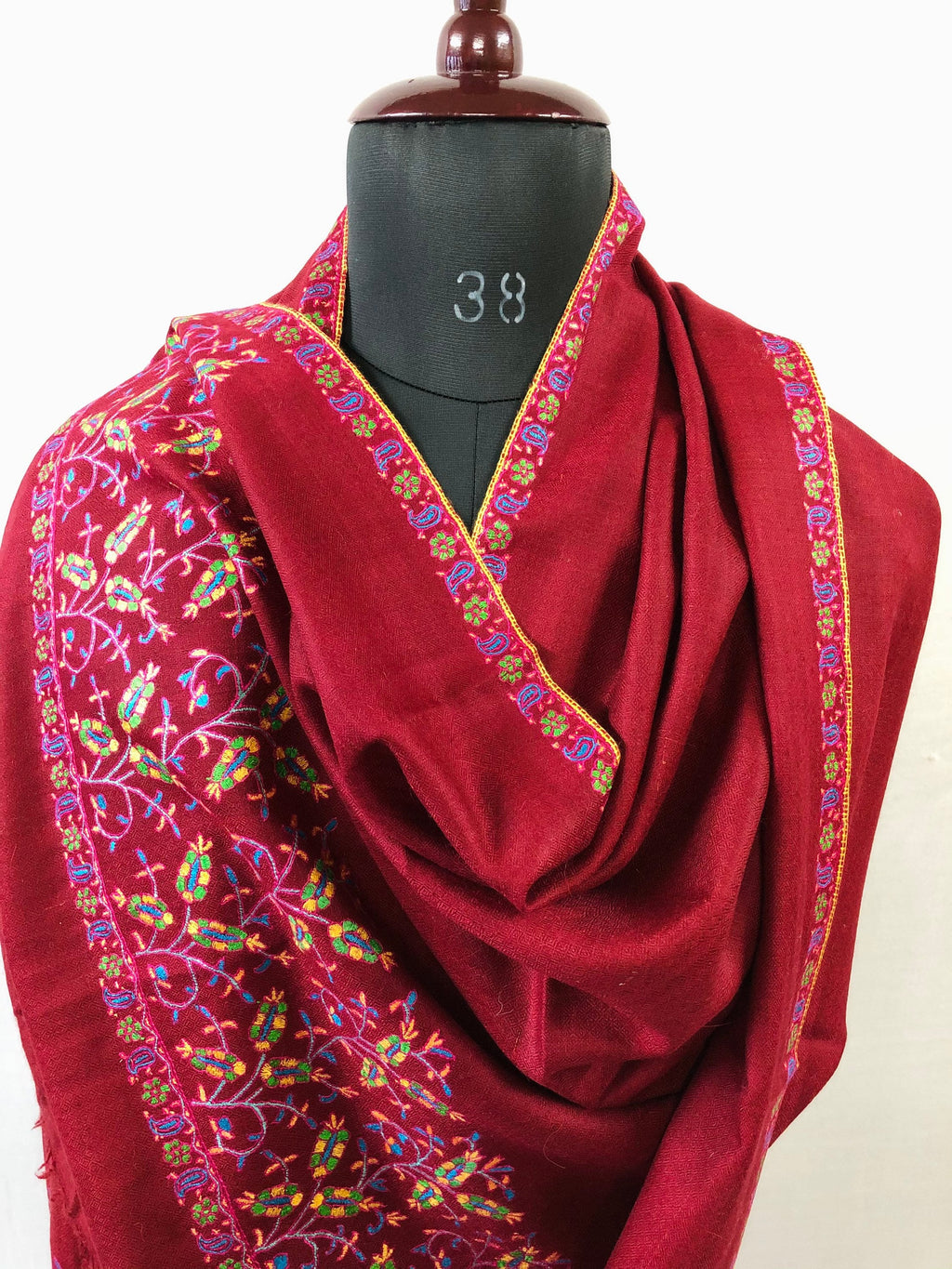 Floral Pashmina cyber monday Traditional Mughal Motif Handcrafted Palla Red Real Cashmere Pashmina Stole Scarf Shawl - Mehraj Crafts 