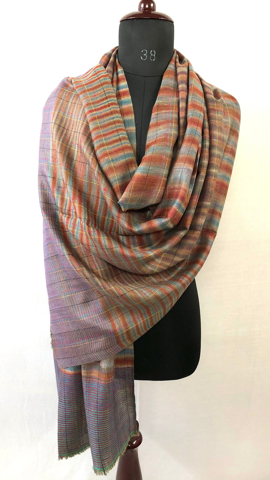 Reversible Cashmere Pashmina Stole: Ikkat Check & Breton Stripes