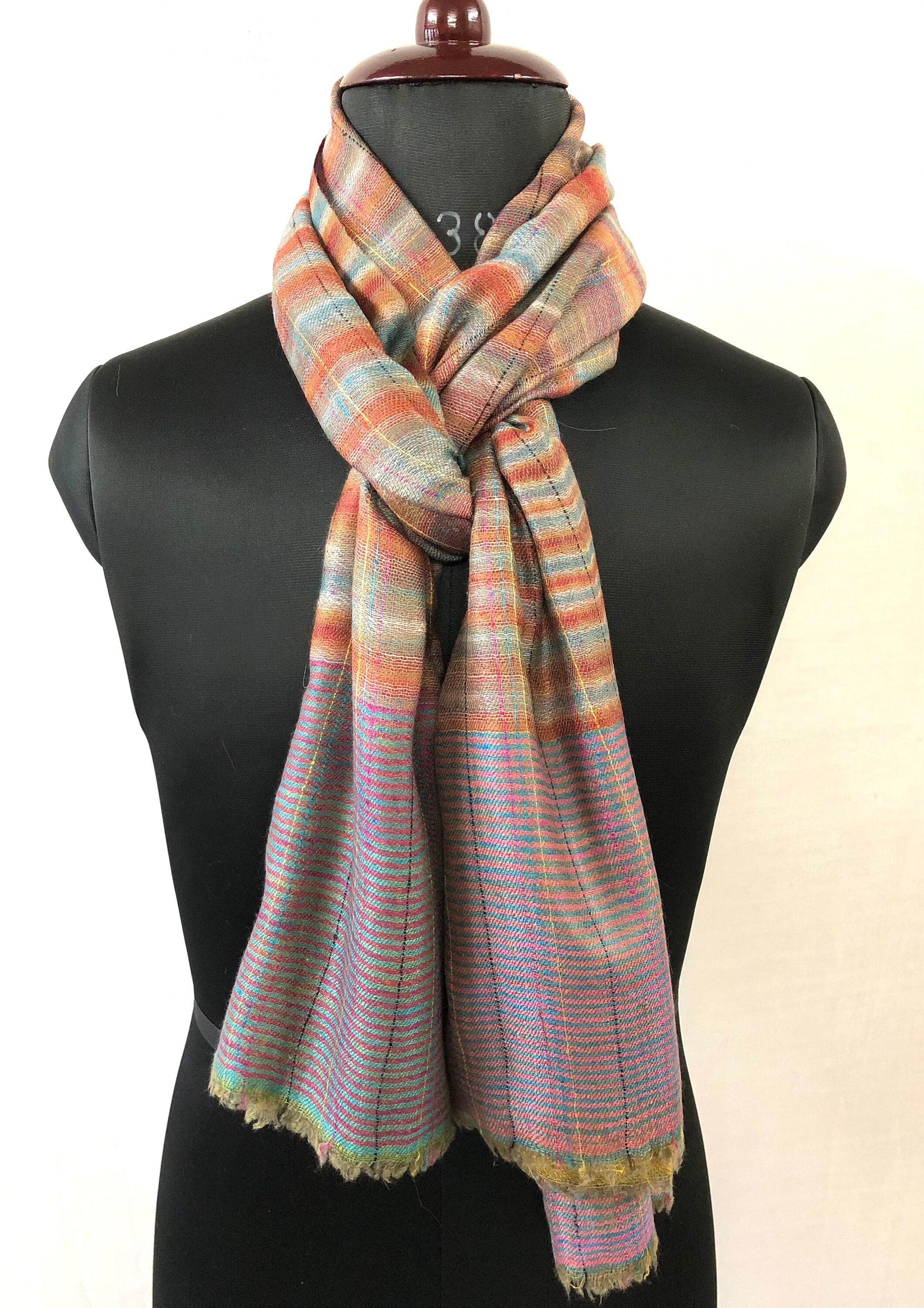Reversible Cashmere Pashmina Stole: Ikkat Check & Breton Stripes