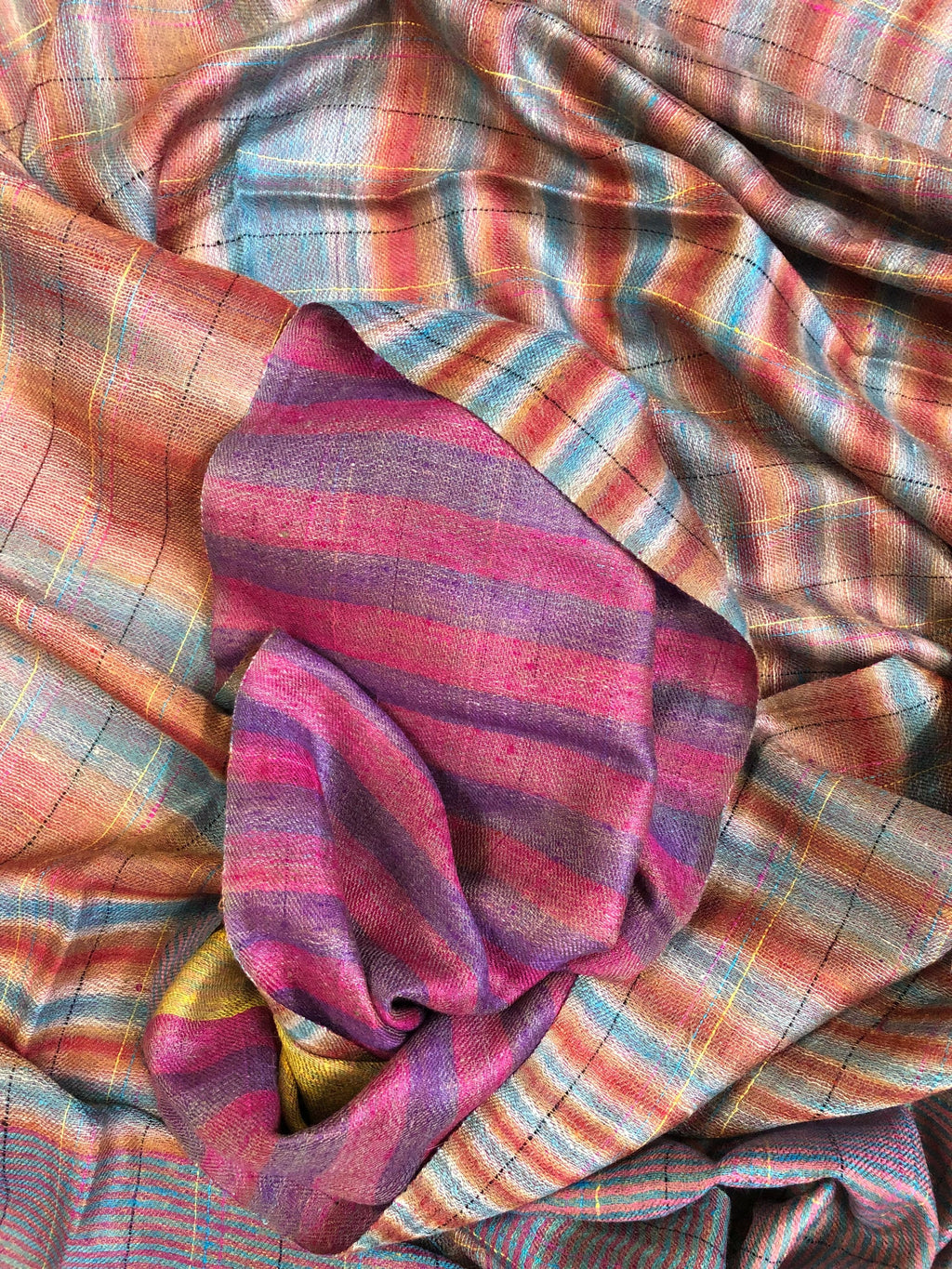 Reversible Cashmere Pashmina Stole: Ikkat Check & Breton Stripes