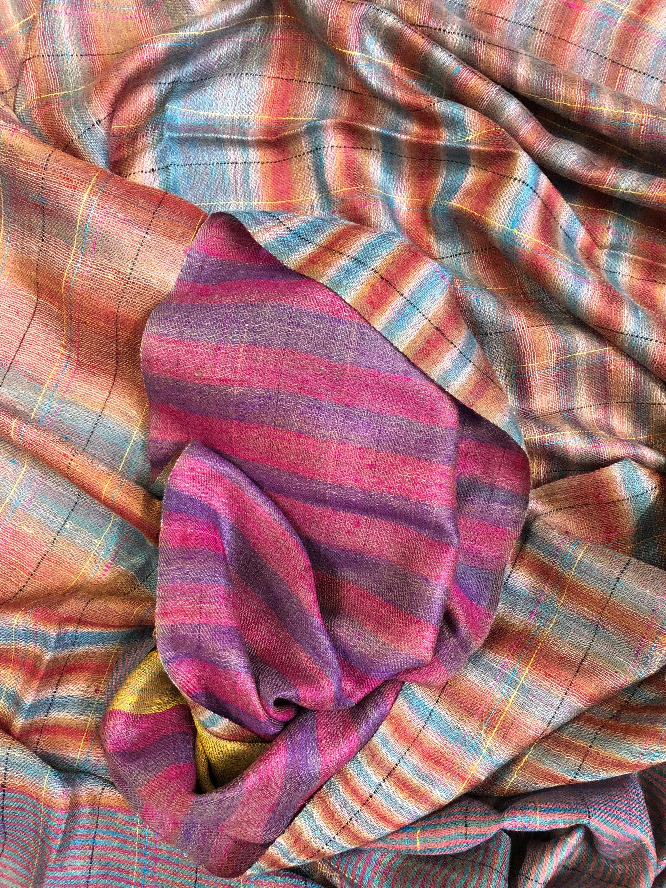 Reversible Cashmere Pashmina Stole: Ikkat Check & Breton Stripes