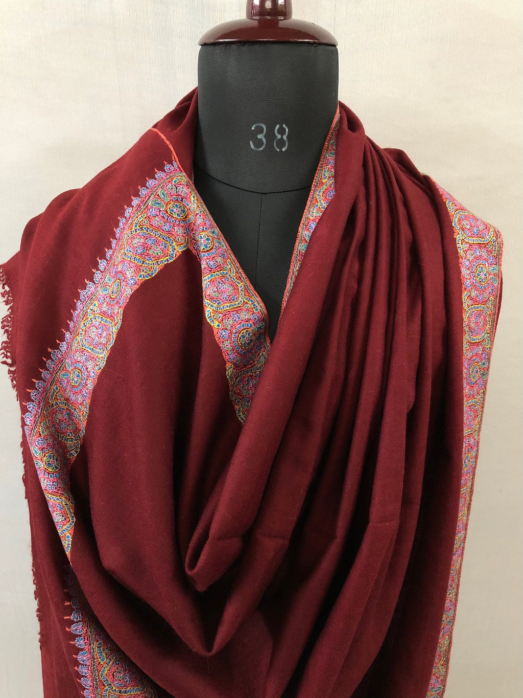 GI Sozani Handcrafted Tibetan Red Cashmere Pashmina Shawl: Sozni Embroidery 100 x 200 cms