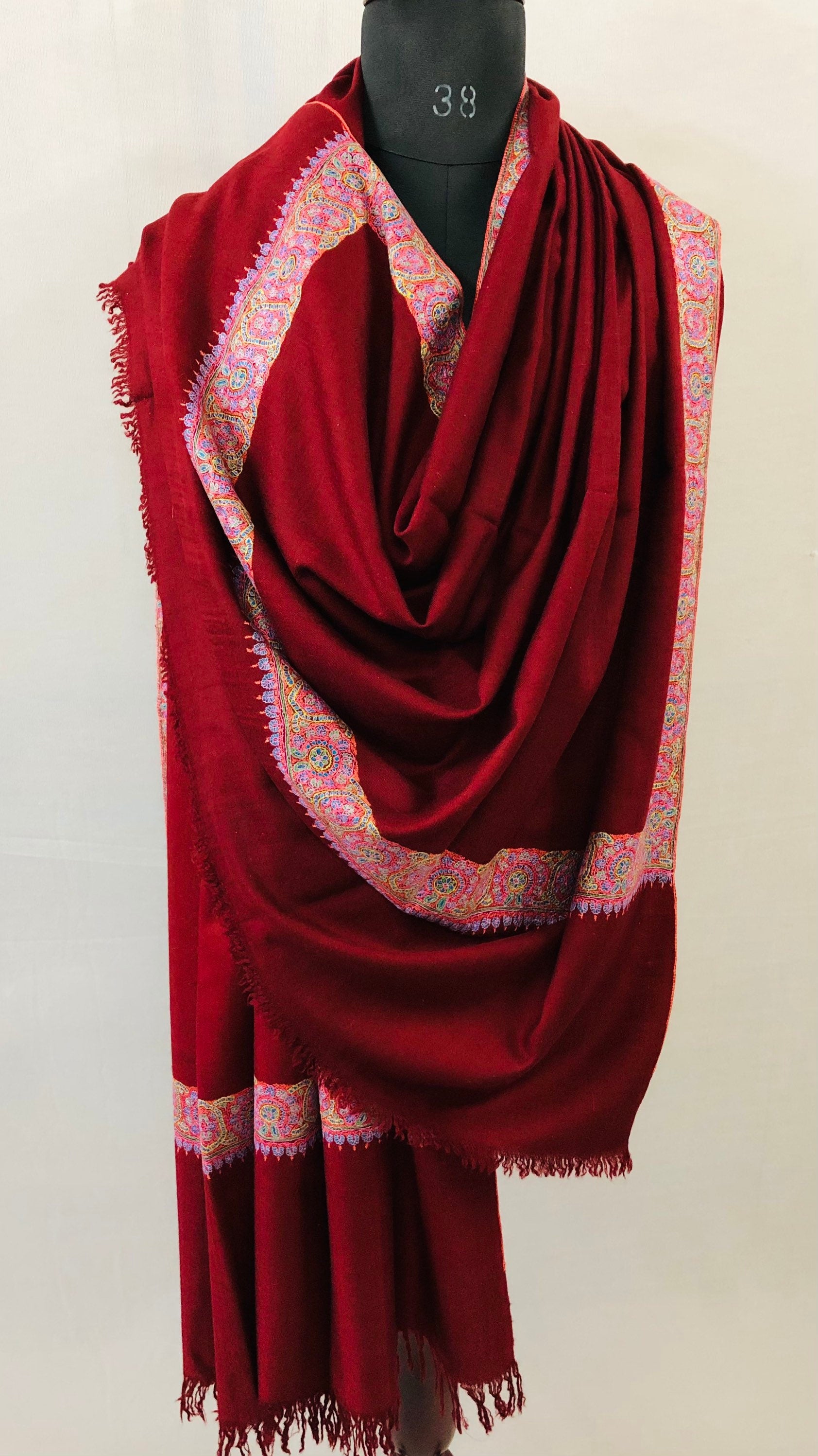 GI Sozani Handcrafted Tibetan Red Cashmere Pashmina Shawl: Sozni Embroidery 100 x 200 cms