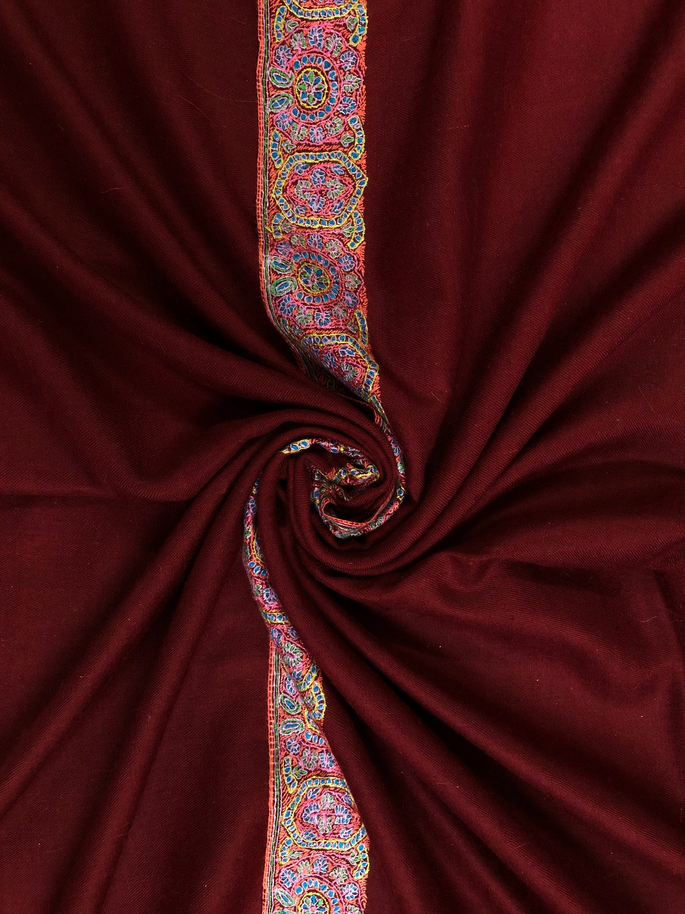 GI Sozani Handcrafted Tibetan Red Cashmere Pashmina Shawl: Sozni Embroidery 100 x 200 cms