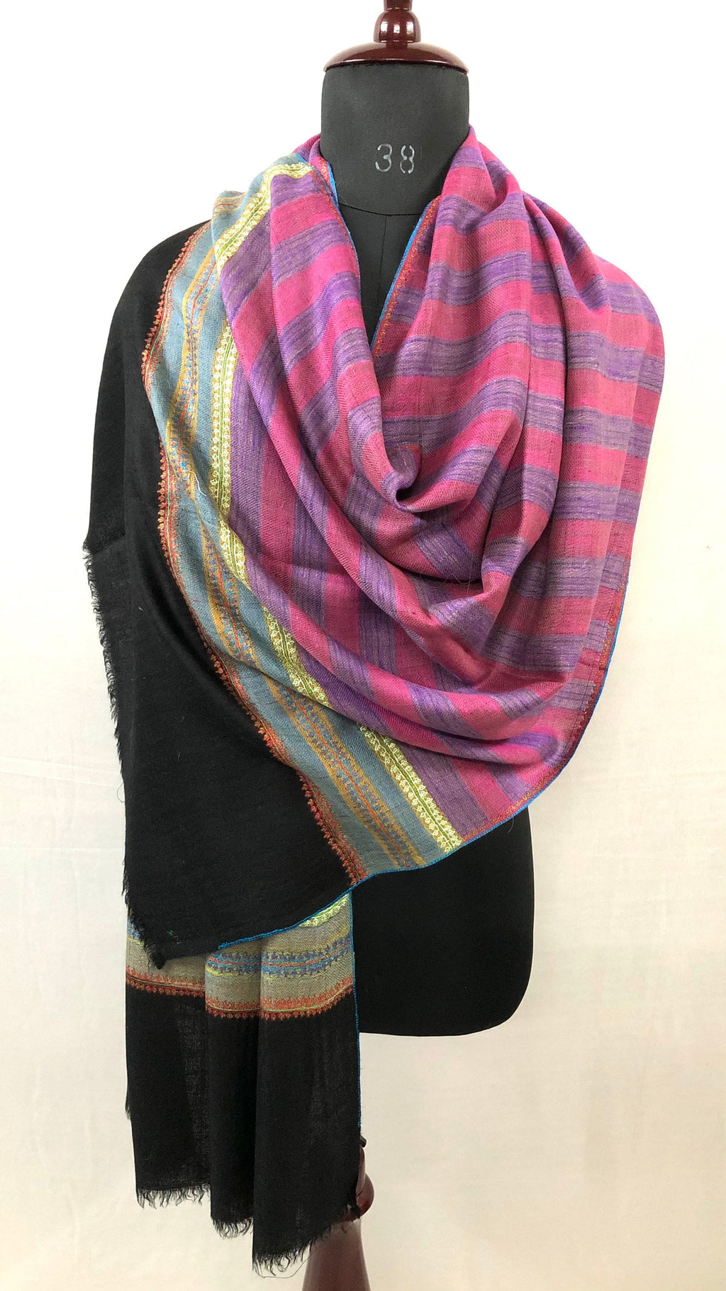 Hand Embroidered Cashmere Pashmina Stole: Multicoloured Breton Stripes