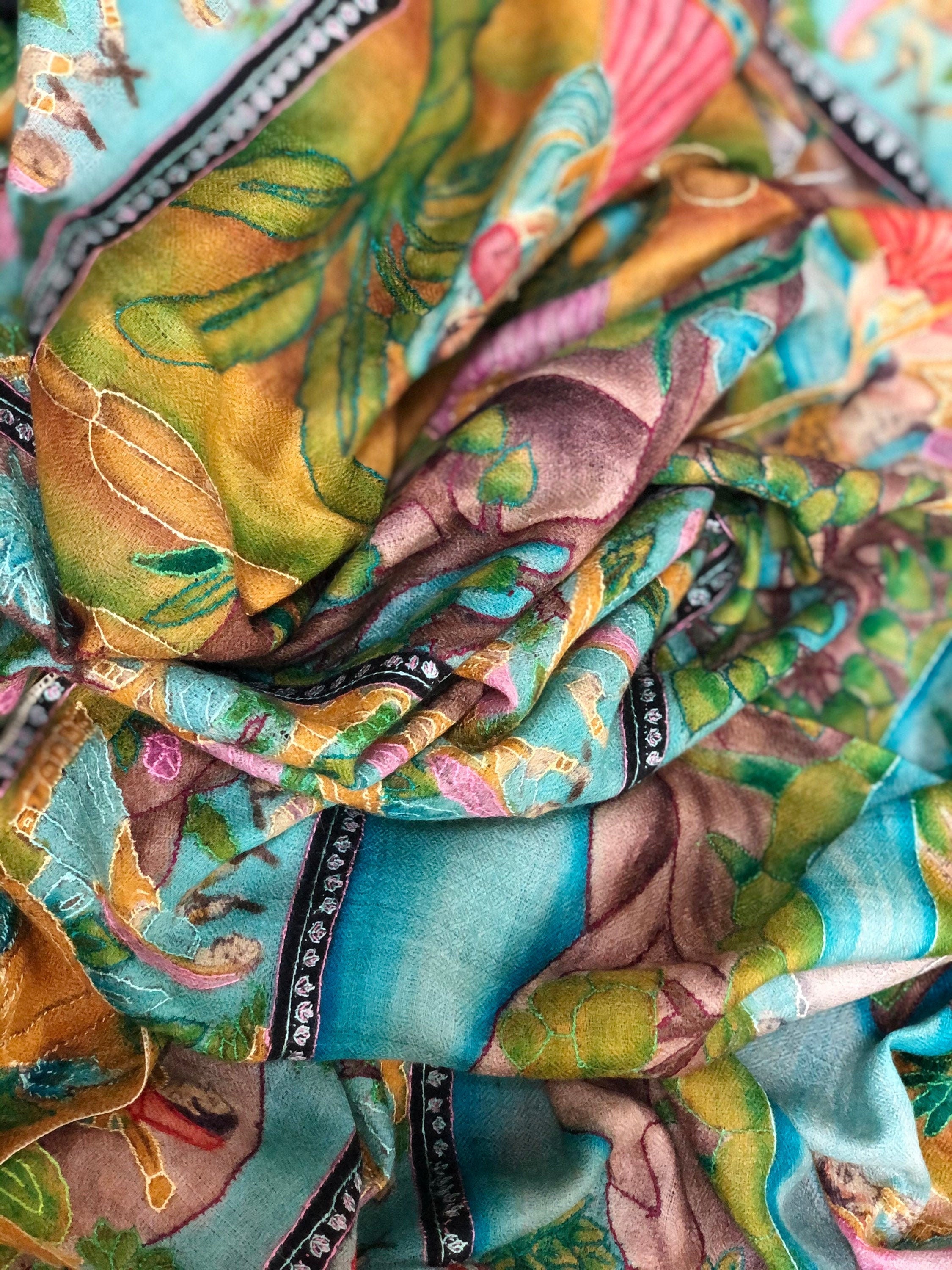 Handmade HandPainted Ladakhi Cashmere Pashmina Izhaar Embroidered Stole Scarf Shawl - Mehraj Crafts 