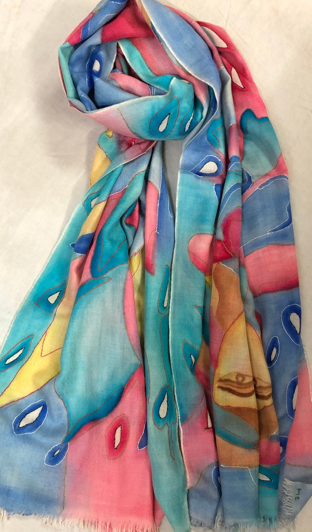 teacher gift Handmade and Handpainted Ladakhi Cashmere Pashmina Outlined Embroidered Scarf - Mehraj Crafts 