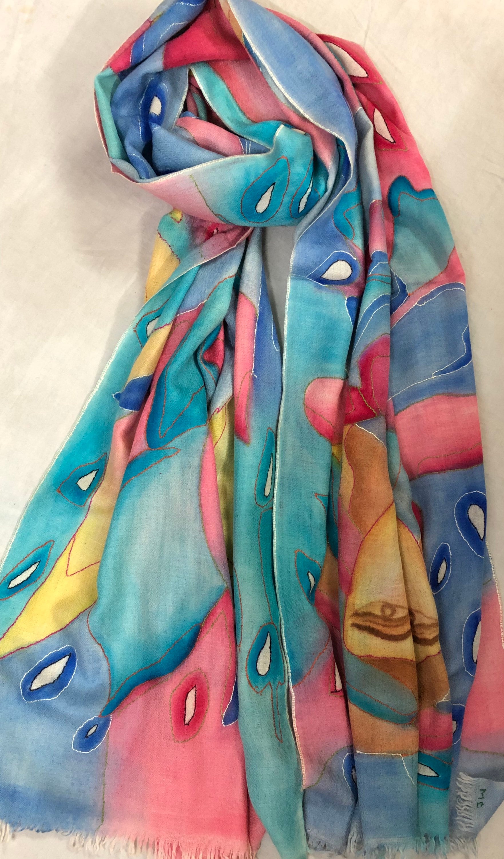 teacher gift Handmade and Handpainted Ladakhi Cashmere Pashmina Outlined Embroidered Scarf - Mehraj Crafts 