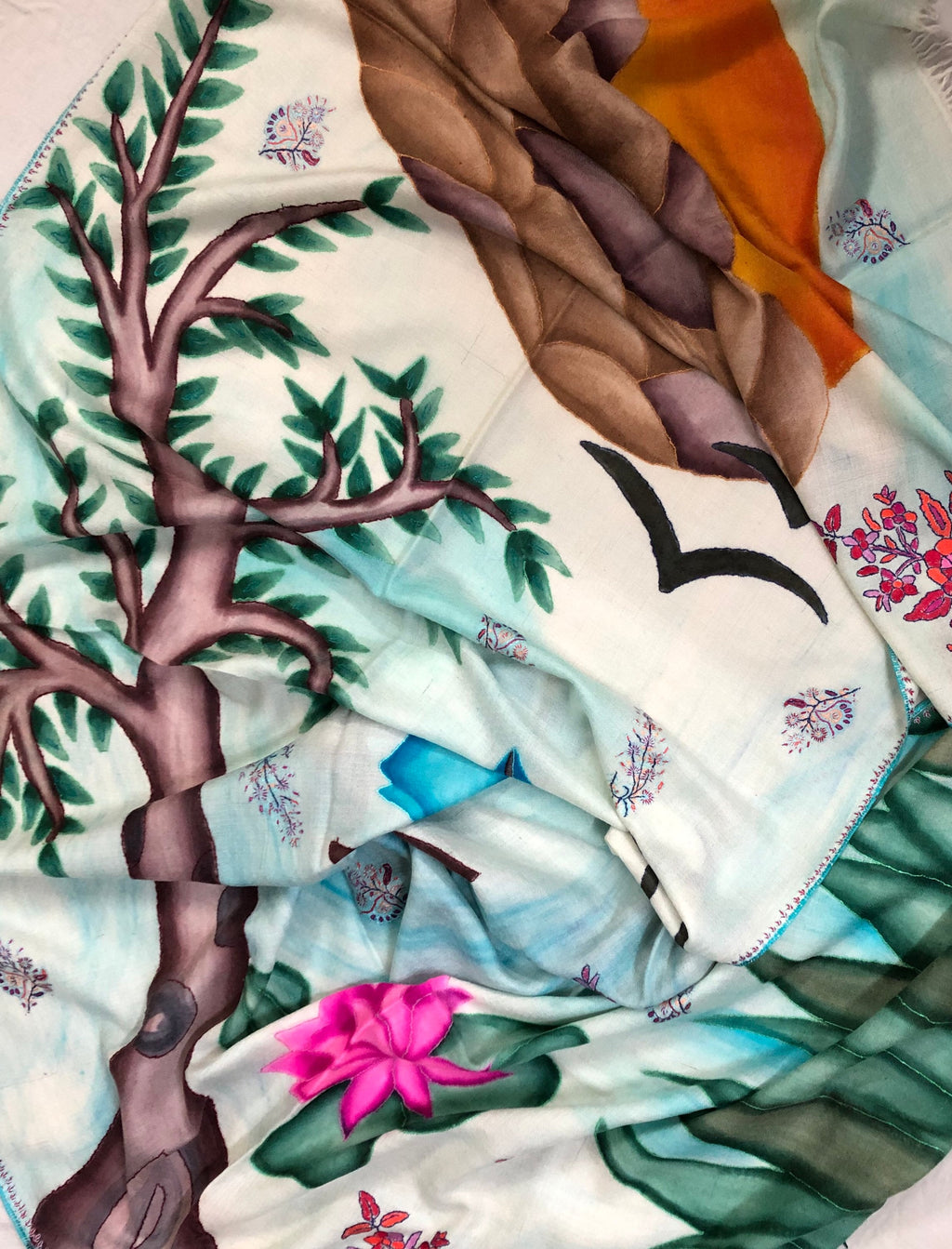 Handmade Hand Painted Ladakhi Cashmere Pashmina Nature Embroidered Stole Scarf Shawl - Mehraj Crafts 