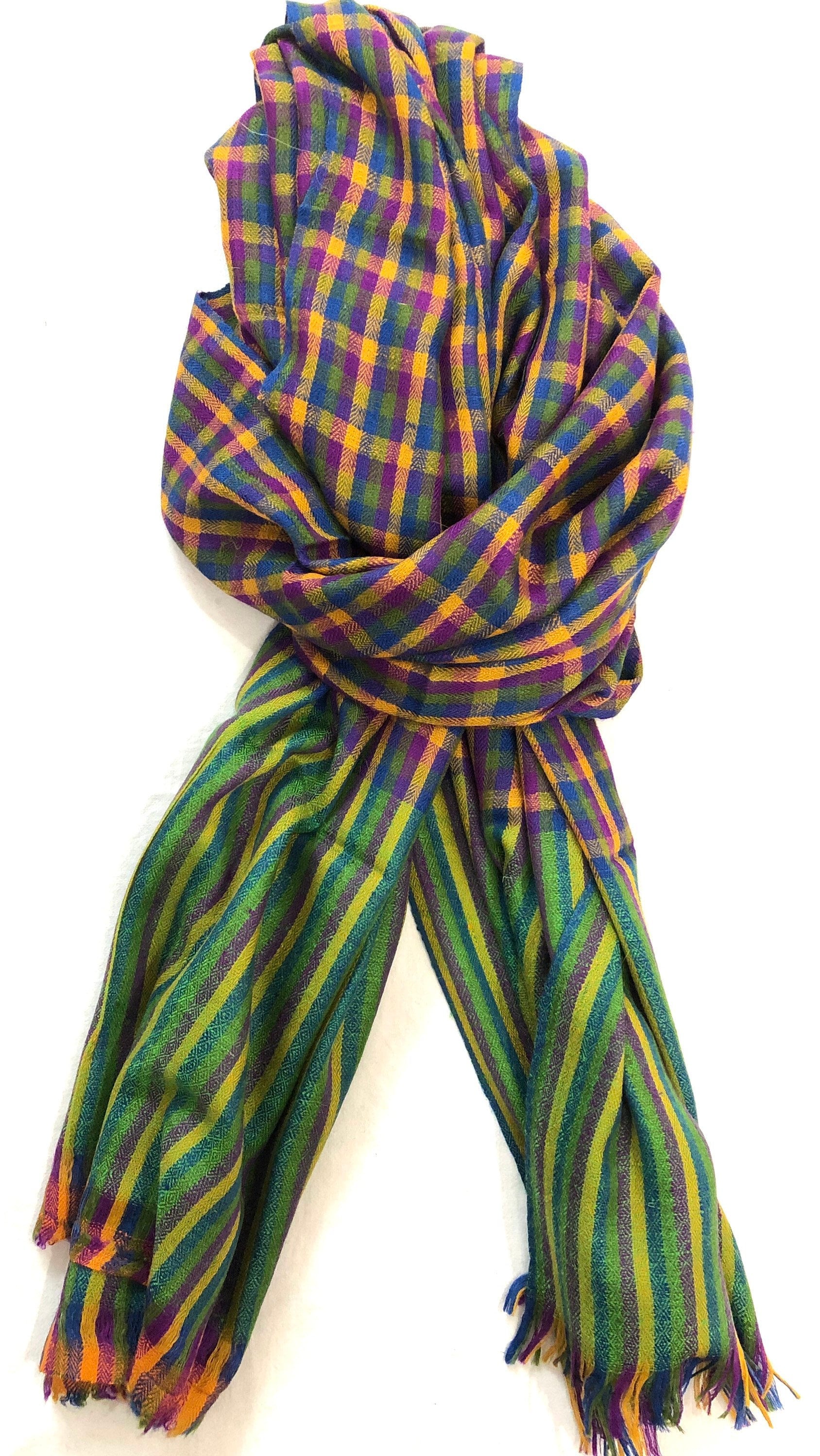 Handmade Gift Multicoloured Mini-Check Handmade Cashmere Pashmina Stole Scarf - Mehraj Crafts 