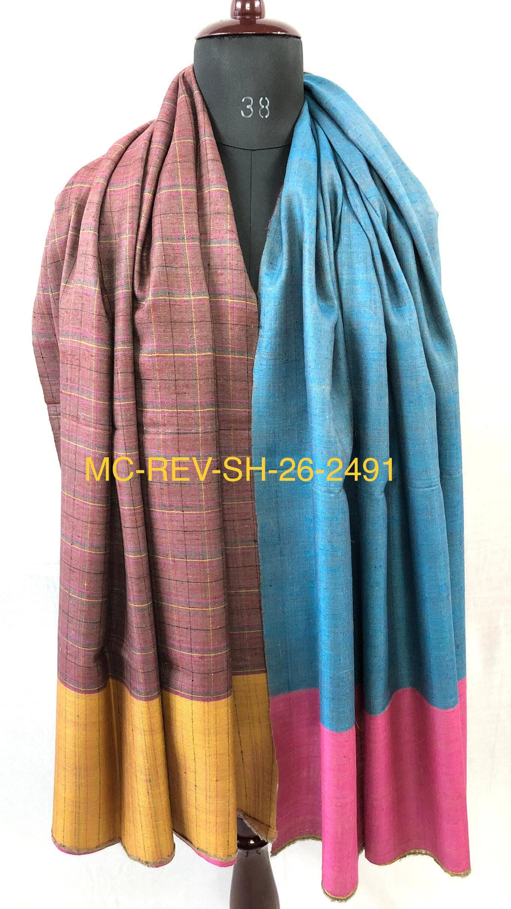 Handmade Gift Dupplin Check And Blue Moon Reversible Hand Woven Ladakhi Real Cashmere Pashmina Shawl - Mehraj Crafts 