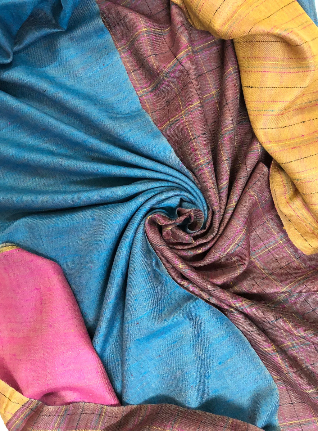 Handmade Gift Dupplin Check And Blue Moon Reversible Hand Woven Ladakhi Real Cashmere Pashmina Shawl - Mehraj Crafts 