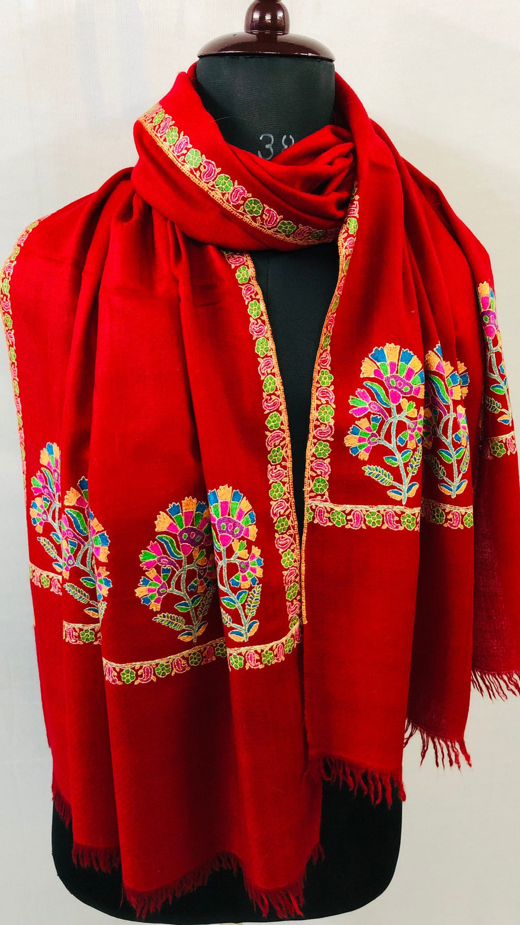 Floral Embroidered Red Cashmere Pashmina Shawl: Handmade Kani Scarf