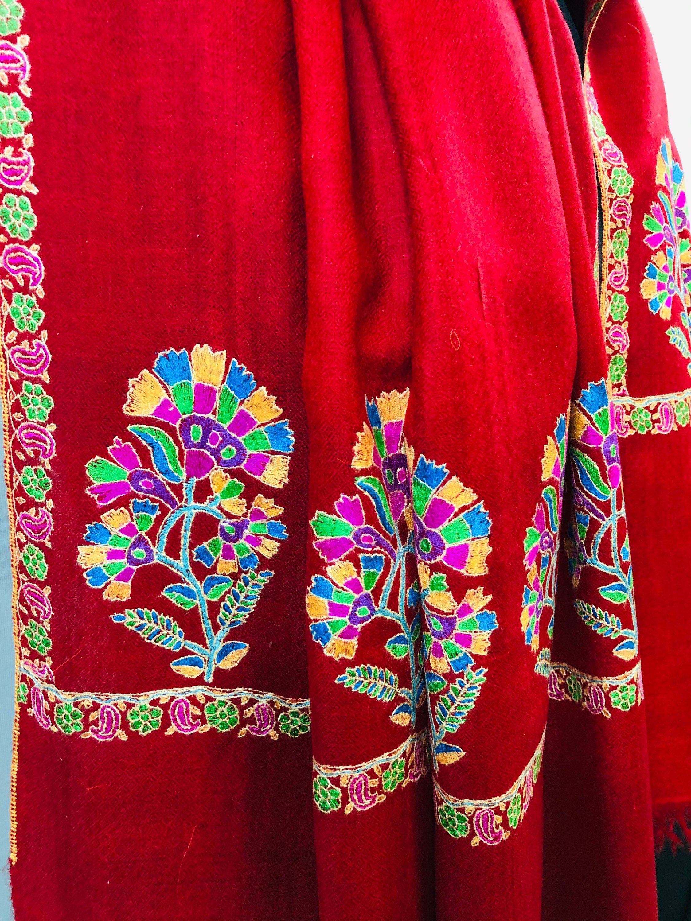 Floral Pashmina cyber monday Red Seamless Floral Kani Embroidery Palla Handmade Real Cashmere Pashmina Stole Scarf Shawl - Mehraj Crafts 
