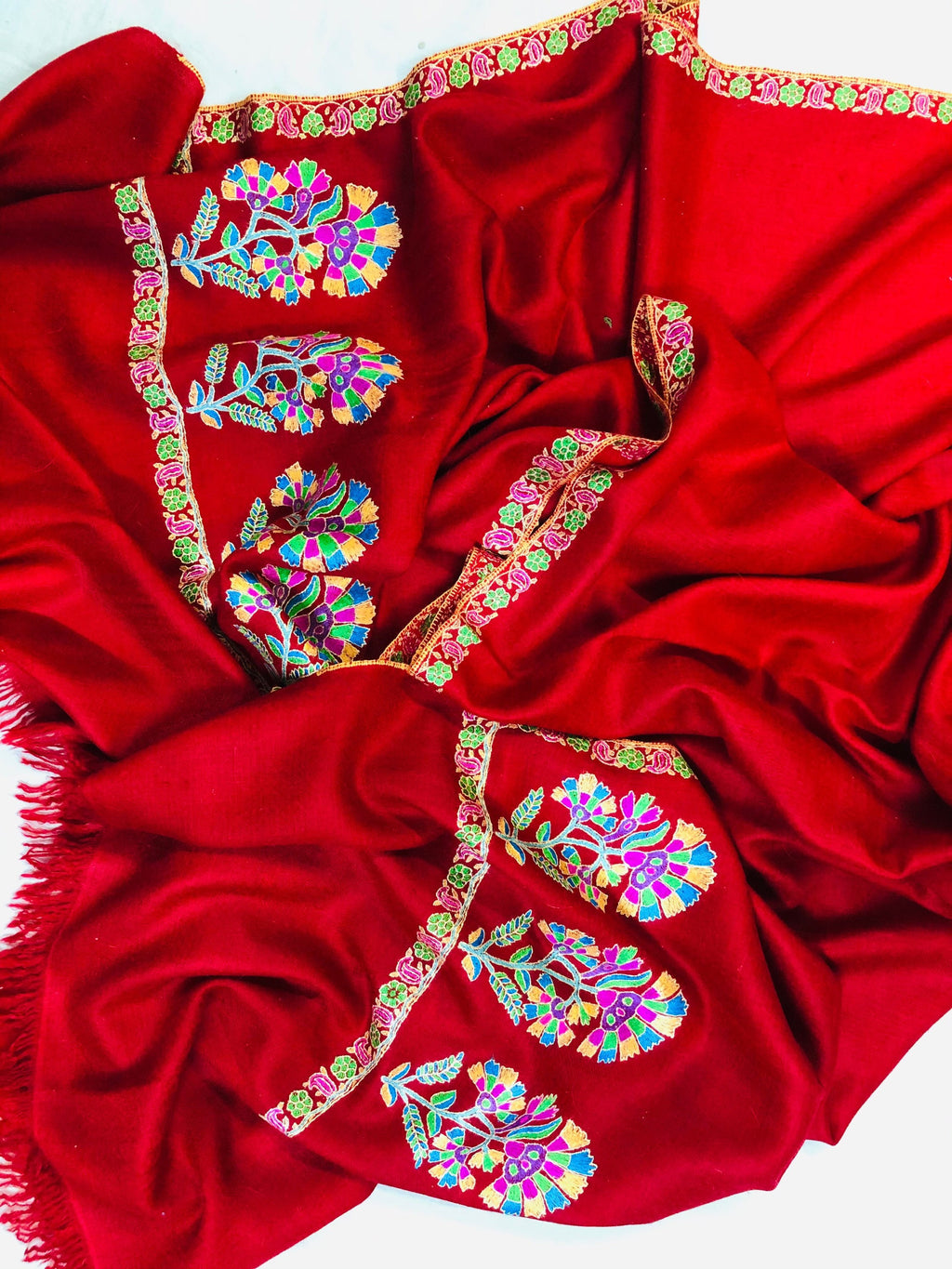 Floral Pashmina cyber monday Red Seamless Floral Kani Embroidery Palla Handmade Real Cashmere Pashmina Stole Scarf Shawl - Mehraj Crafts 