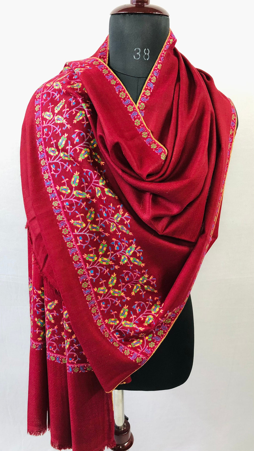 Floral Pashmina cyber monday Traditional Mughal Motif Handcrafted Palla Red Real Cashmere Pashmina Stole Scarf Shawl - Mehraj Crafts 