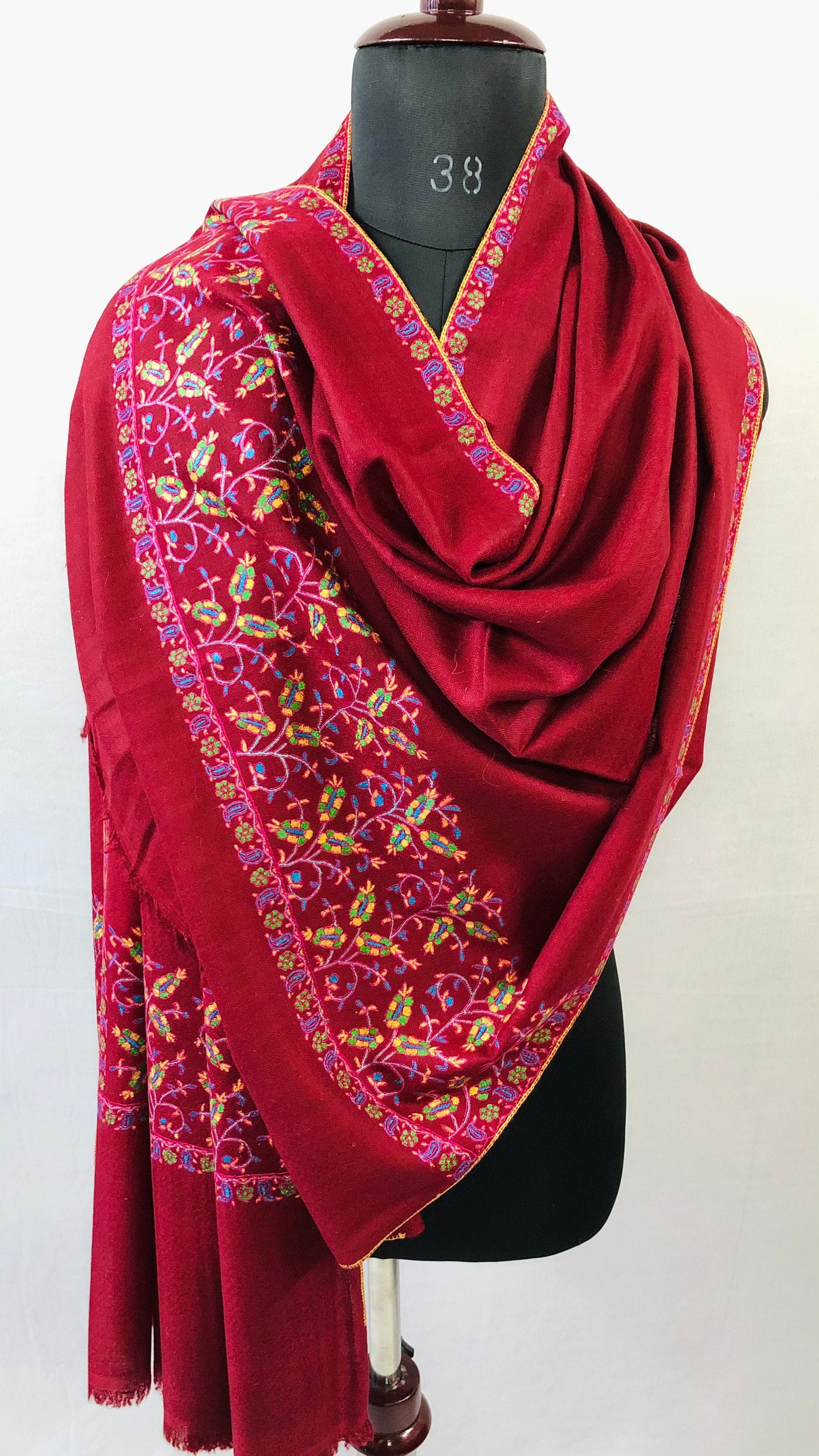 Floral Pashmina cyber monday Traditional Mughal Motif Handcrafted Palla Red Real Cashmere Pashmina Stole Scarf Shawl - Mehraj Crafts 