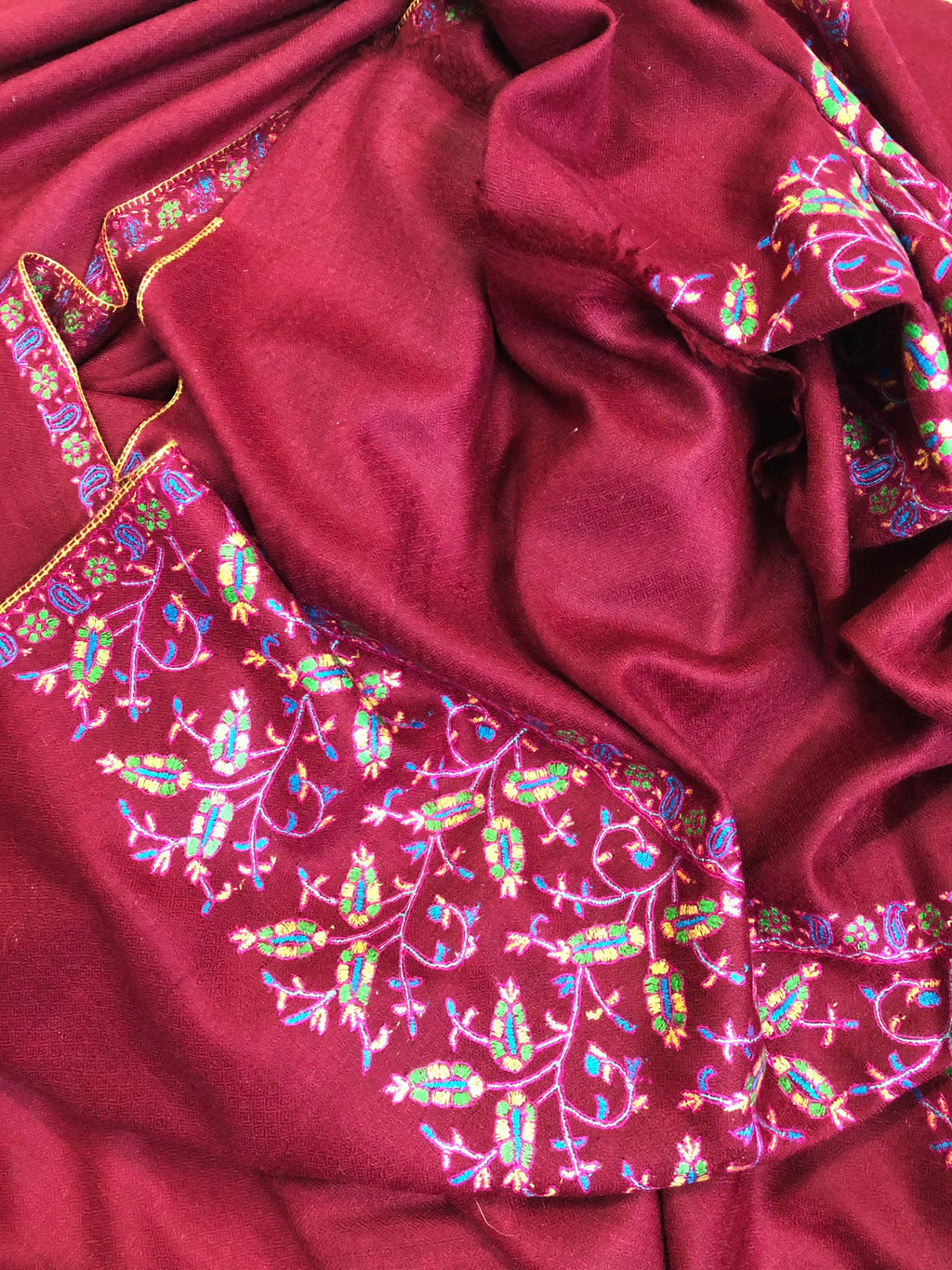 Floral Pashmina cyber monday Traditional Mughal Motif Handcrafted Palla Red Real Cashmere Pashmina Stole Scarf Shawl - Mehraj Crafts 