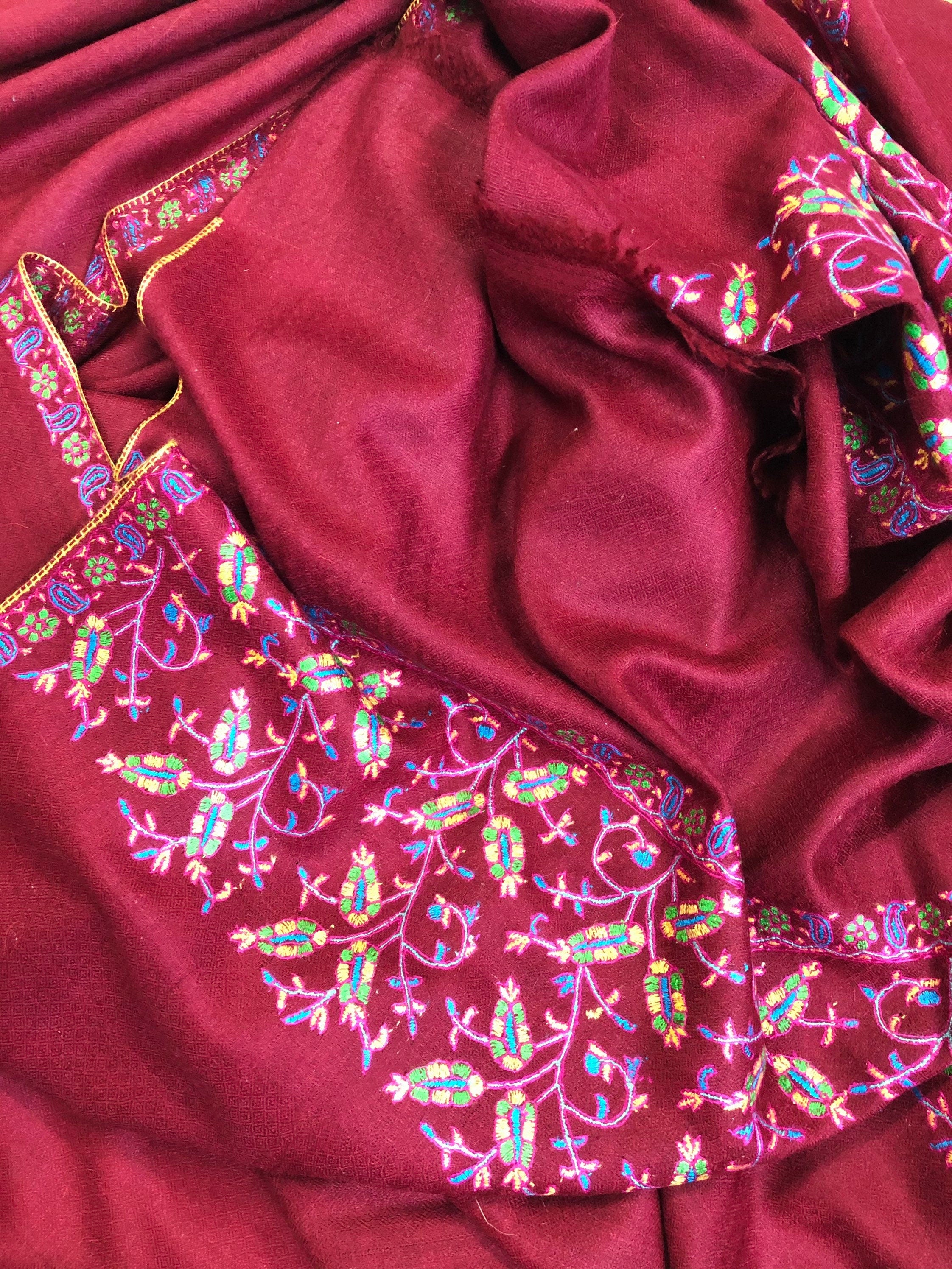 Floral Pashmina cyber monday Traditional Mughal Motif Handcrafted Palla Red Real Cashmere Pashmina Stole Scarf Shawl - Mehraj Crafts 