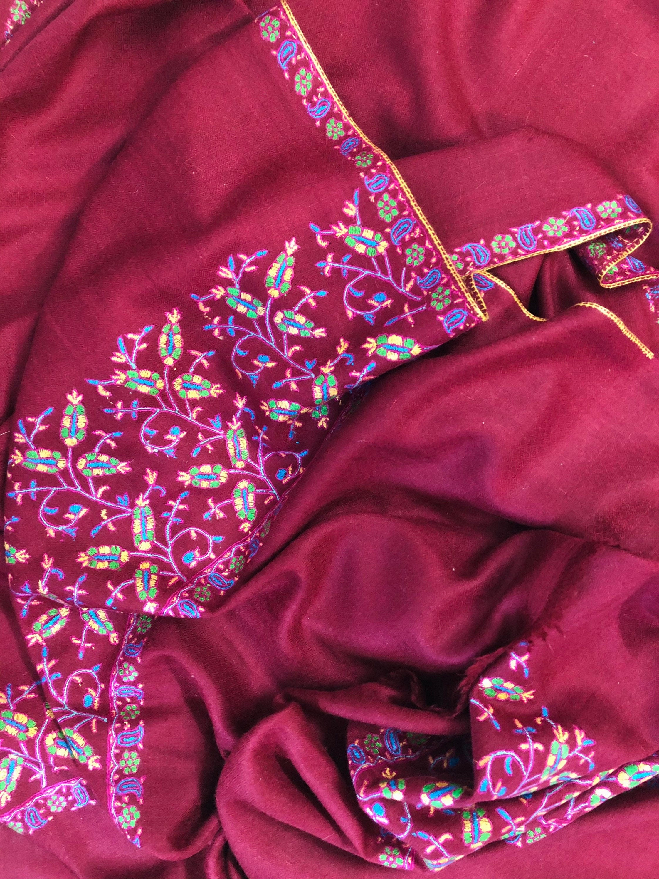 Floral Pashmina cyber monday Traditional Mughal Motif Handcrafted Palla Red Real Cashmere Pashmina Stole Scarf Shawl - Mehraj Crafts 