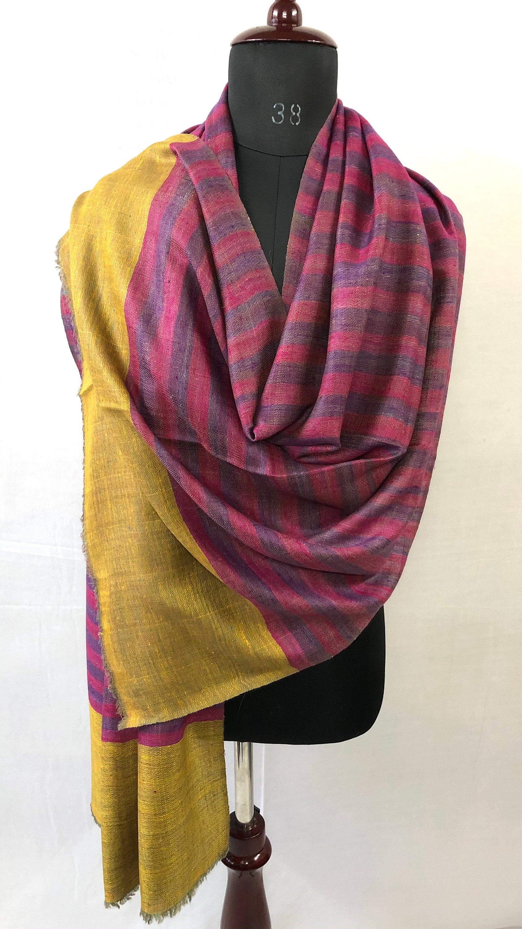 Reversible Cashmere Pashmina Stole: Ikkat Check & Breton Stripes