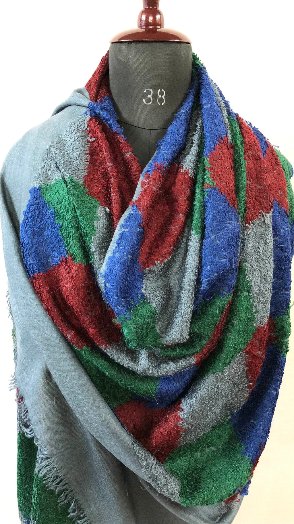 Blue-Grey Towel Weave Harlequin Check Hand Woven Real Ladakhi Cashmere Pashmina Wrap Shawl - Mehraj Crafts 