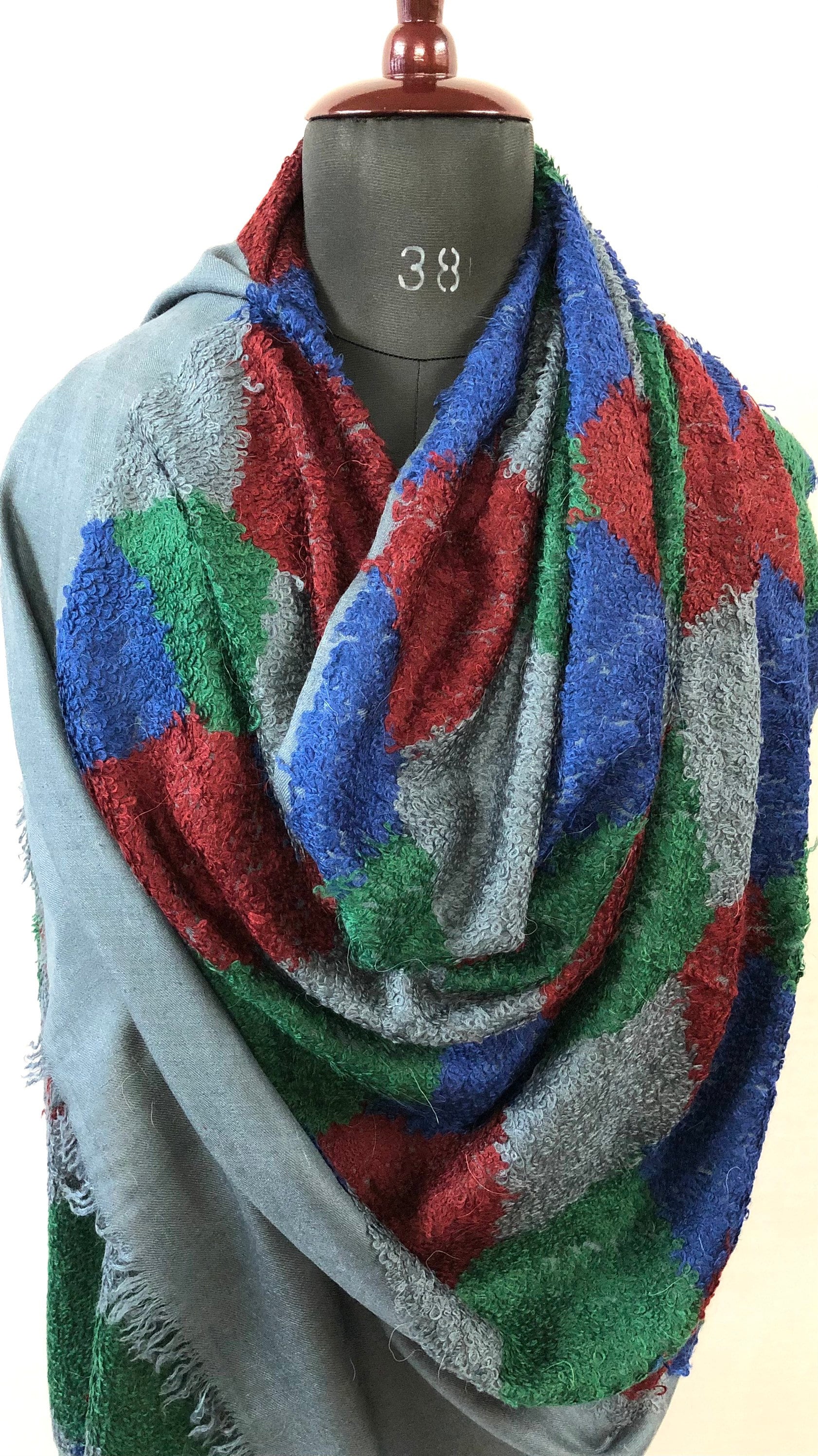 Blue-Grey Towel Weave Harlequin Check Hand Woven Real Ladakhi Cashmere Pashmina Wrap Shawl - Mehraj Crafts 