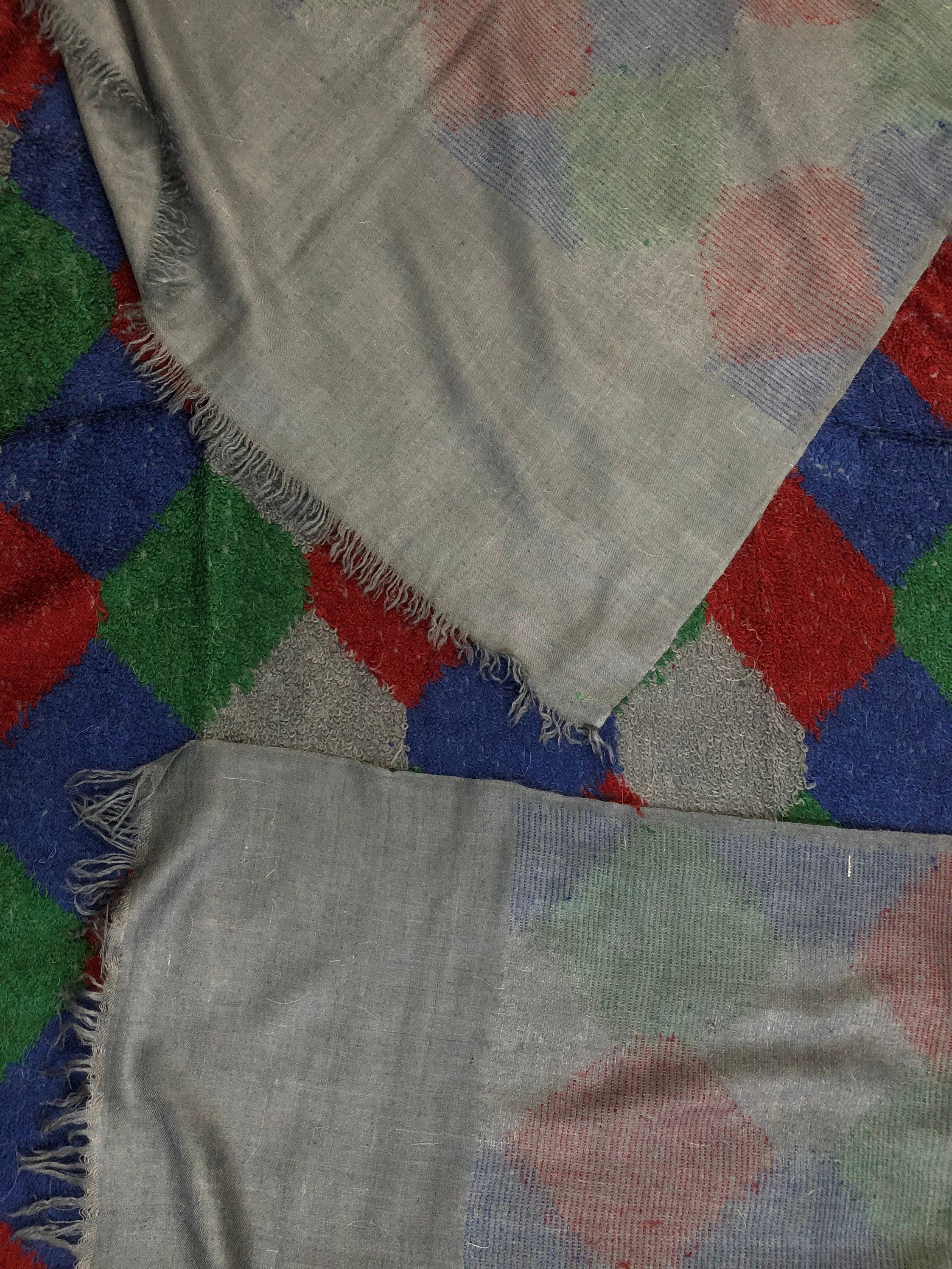 Blue-Grey Towel Weave Harlequin Check Hand Woven Real Ladakhi Cashmere Pashmina Wrap Shawl - Mehraj Crafts 