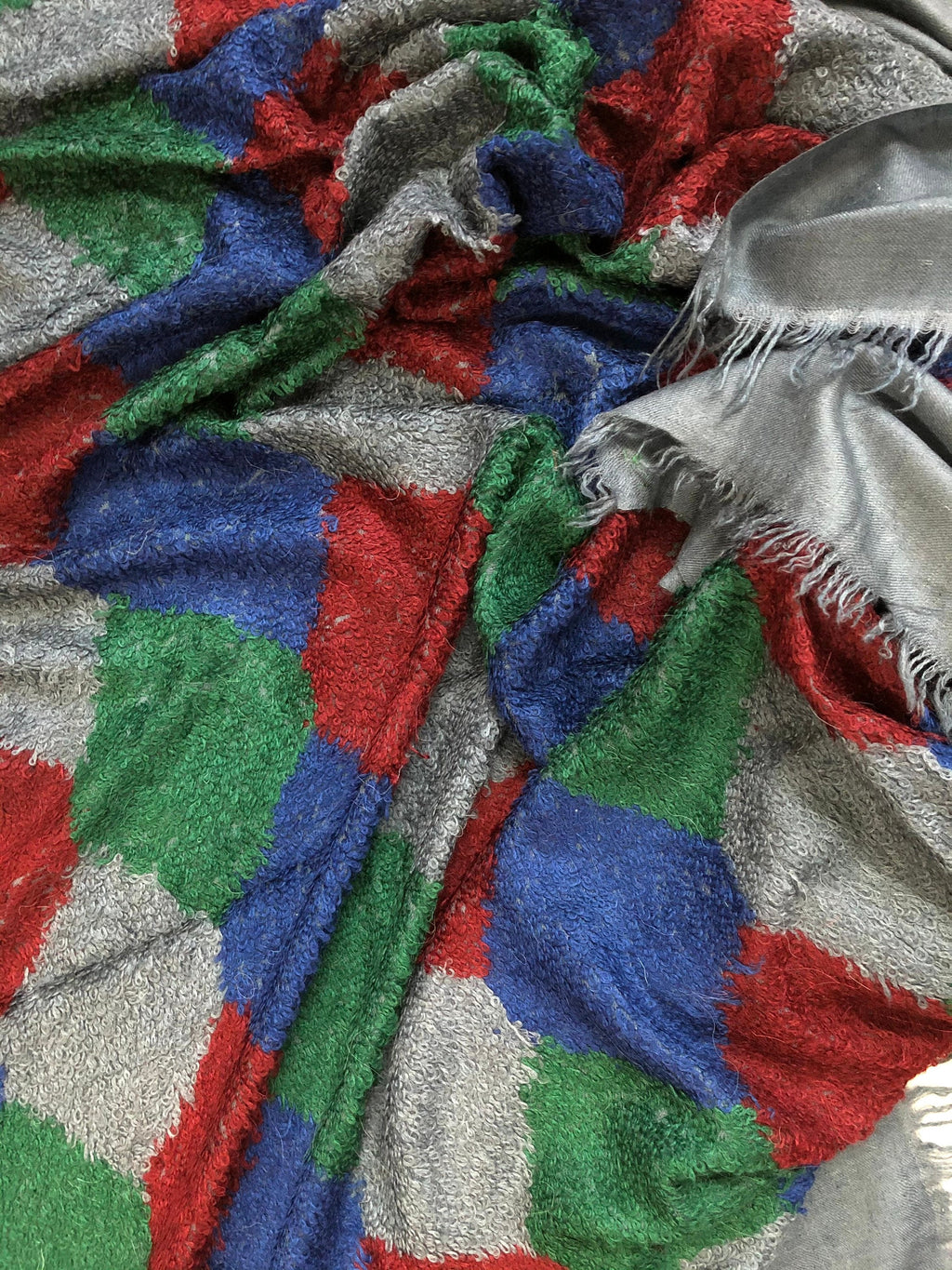 Blue-Grey Towel Weave Harlequin Check Hand Woven Real Ladakhi Cashmere Pashmina Wrap Shawl - Mehraj Crafts 