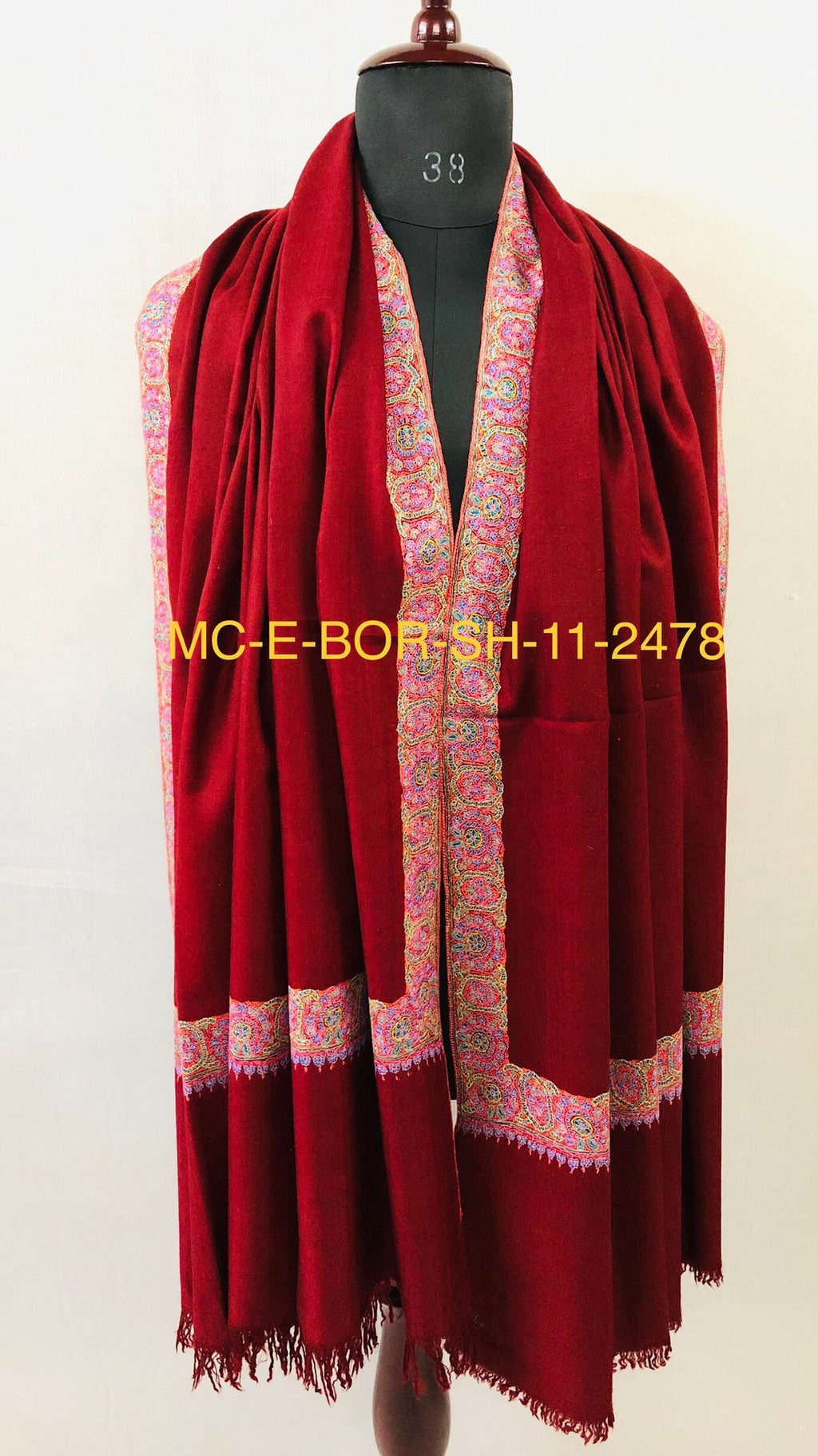 GI Sozani Handcrafted Tibetan Red Cashmere Pashmina Shawl: Sozni Embroidery 100 x 200 cms