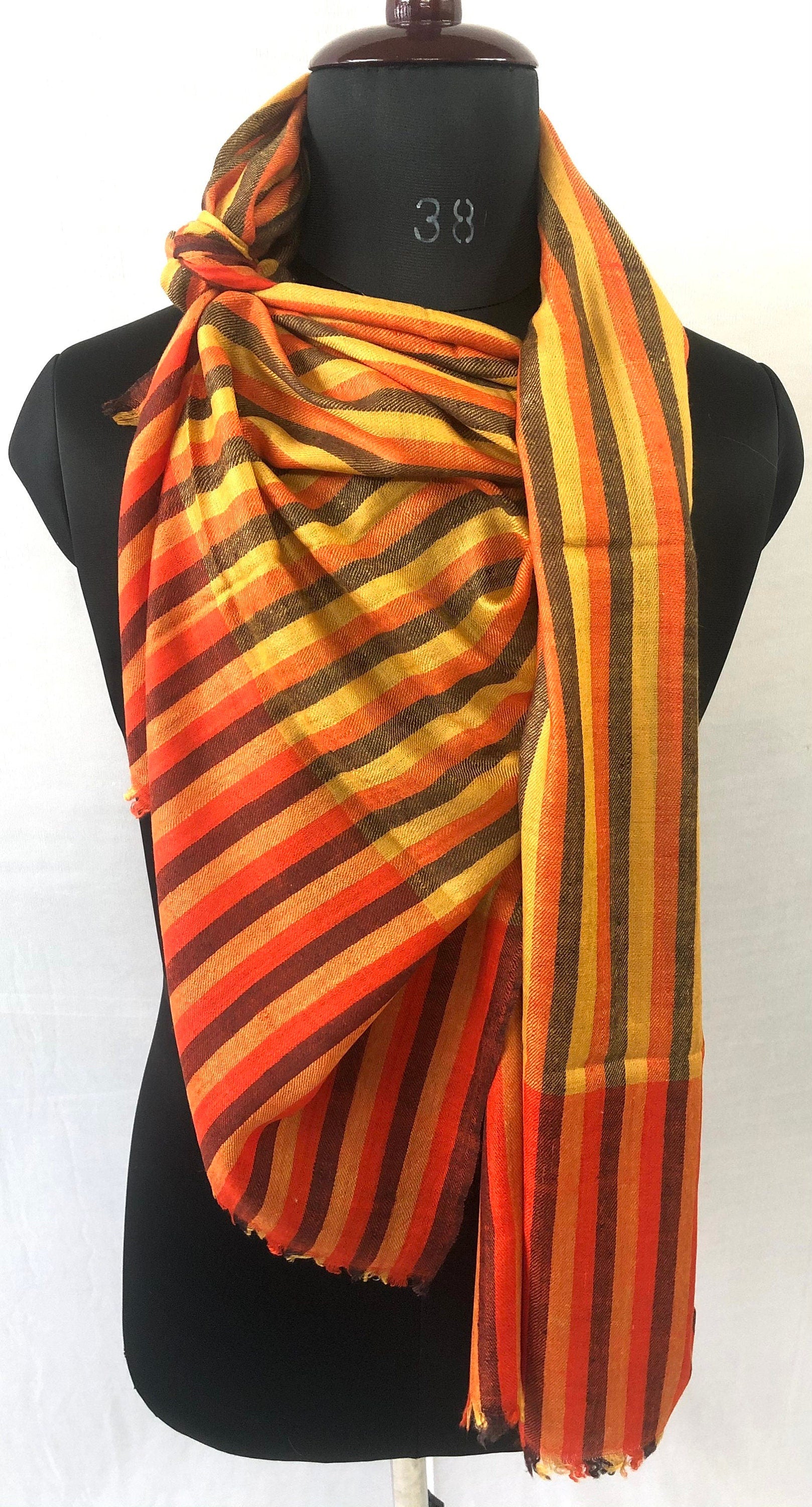 Gold Fusion Bengal Stripes Handwoven Real Cashmere Pashmina Stole Scarf - Mehraj Crafts 