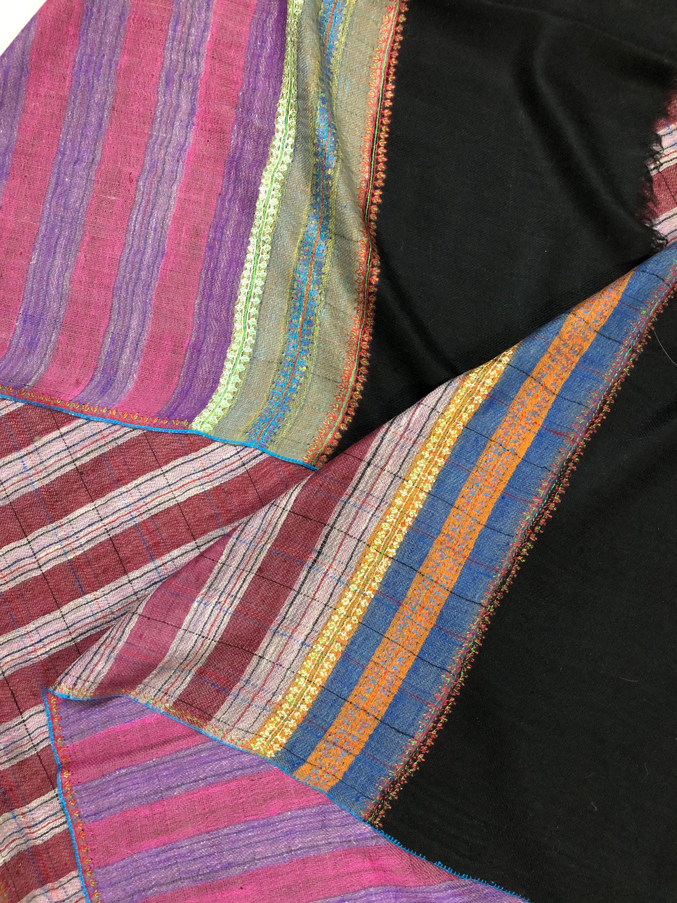 teacher gift Multicoloured Breton Stripes Hand Embroidered Real Cashmere Pashmina Stole Scarf Shawl - Mehraj Crafts 
