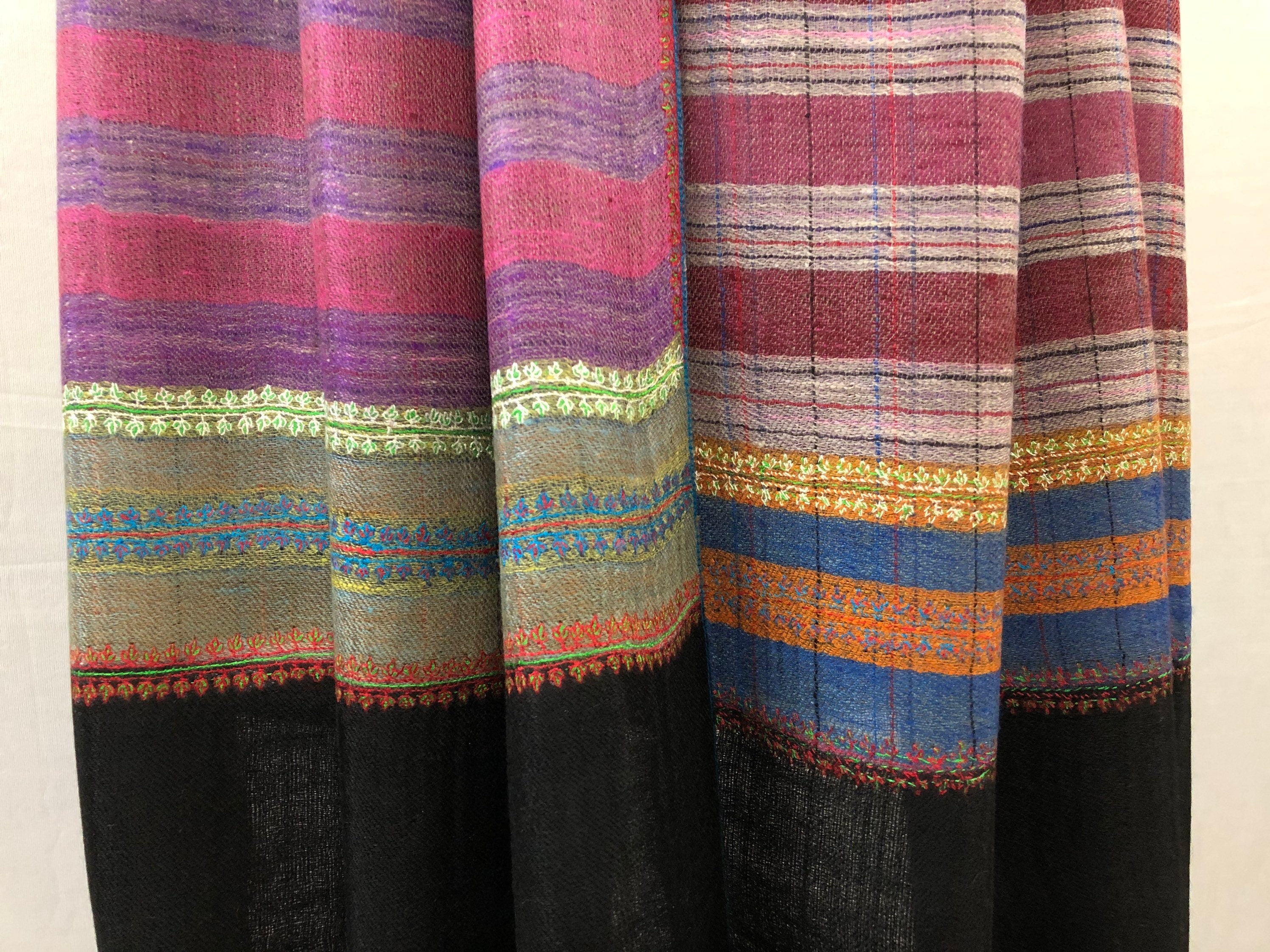 Hand Embroidered Cashmere Pashmina Stole: Multicoloured Breton Stripes