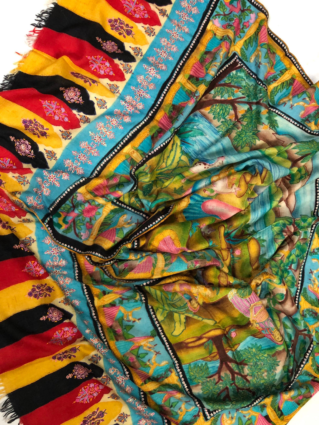 Handmade Hand Painted Ladakhi Cashmere Pashmina Izhaar Embroidered Stole Scarf Shawl - Mehraj Crafts 