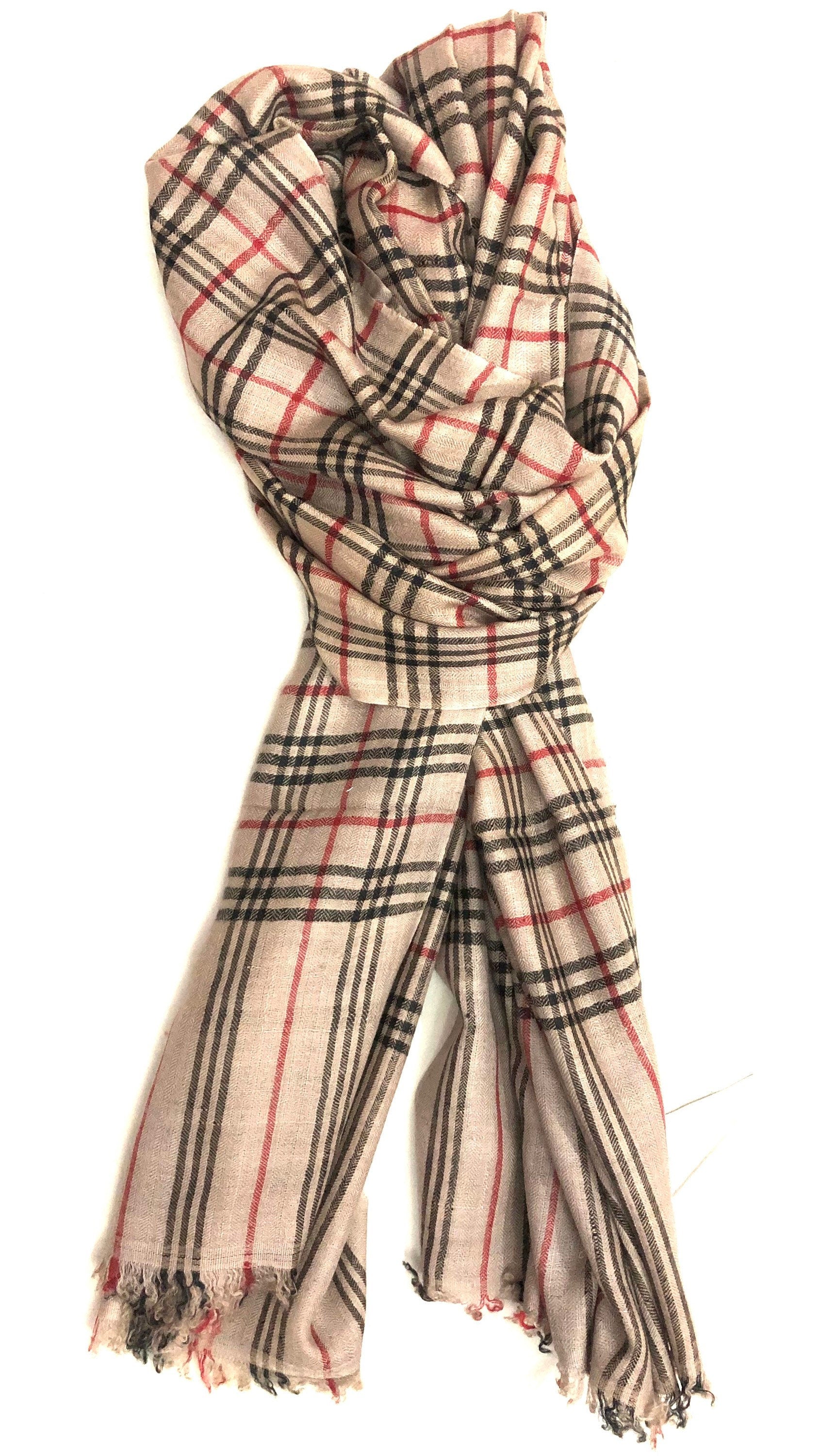 Handmade Vanilla Cream Plaid Cashmere Pashmina Scarf: Soft Stole (70x200 cm)