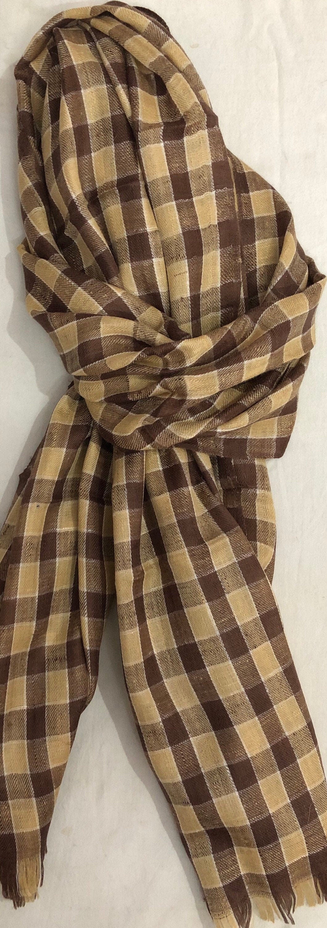 Handmade father of bride gift from daughter Brown Check Outlined Handmade Cashmere Pashmina Stole Scarf - Mehraj Crafts 