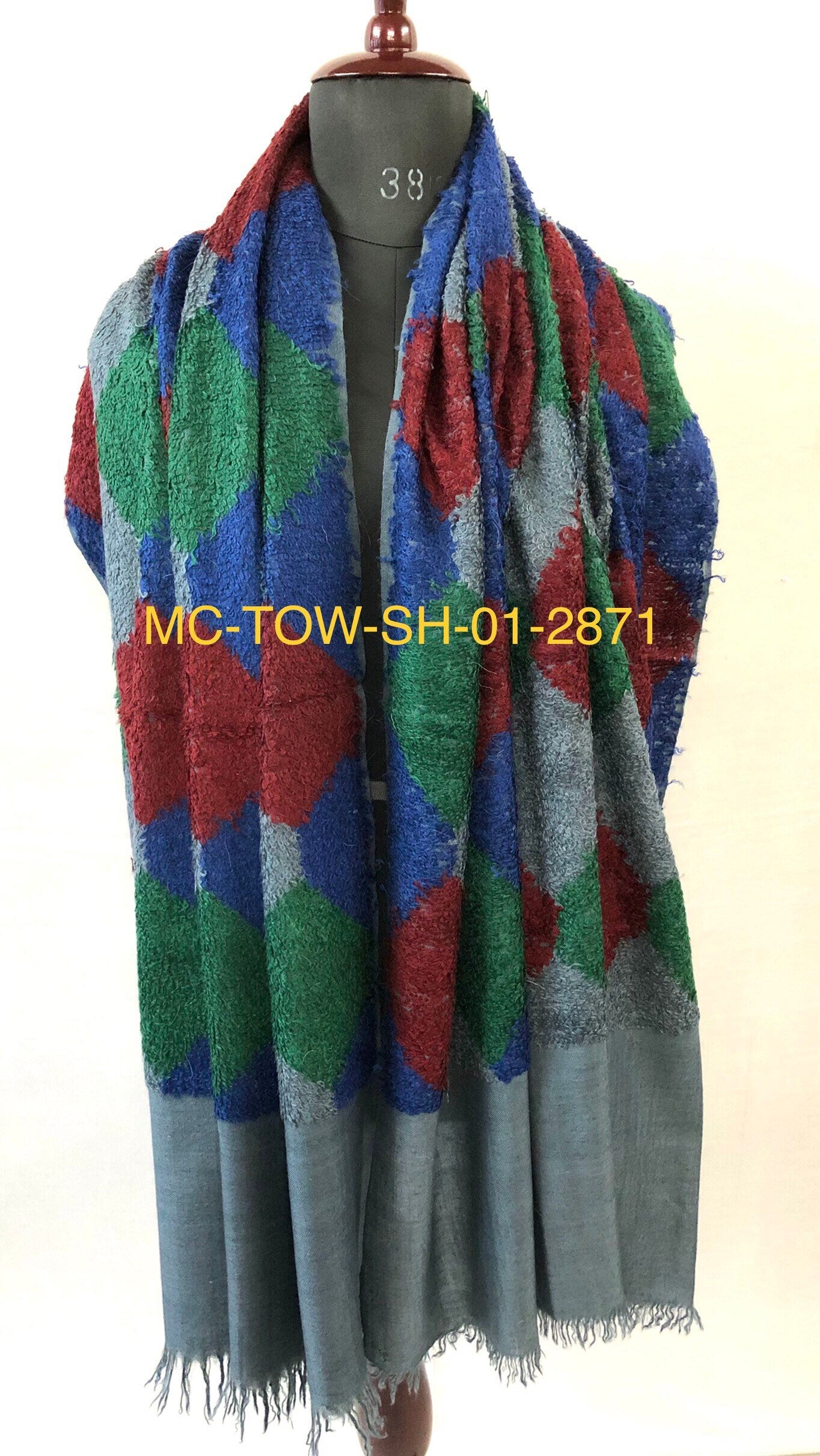 Blue-Grey Towel Weave Harlequin Check Hand Woven Real Ladakhi Cashmere Pashmina Wrap Shawl - Mehraj Crafts 