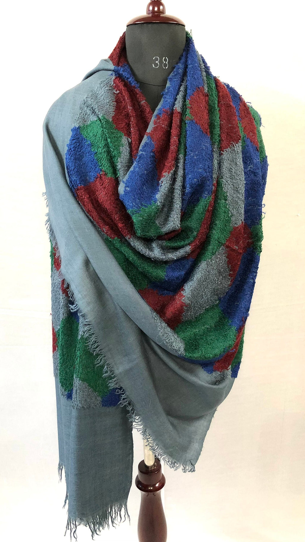 Blue-Grey Towel Weave Harlequin Check Hand Woven Real Ladakhi Cashmere Pashmina Wrap Shawl - Mehraj Crafts 