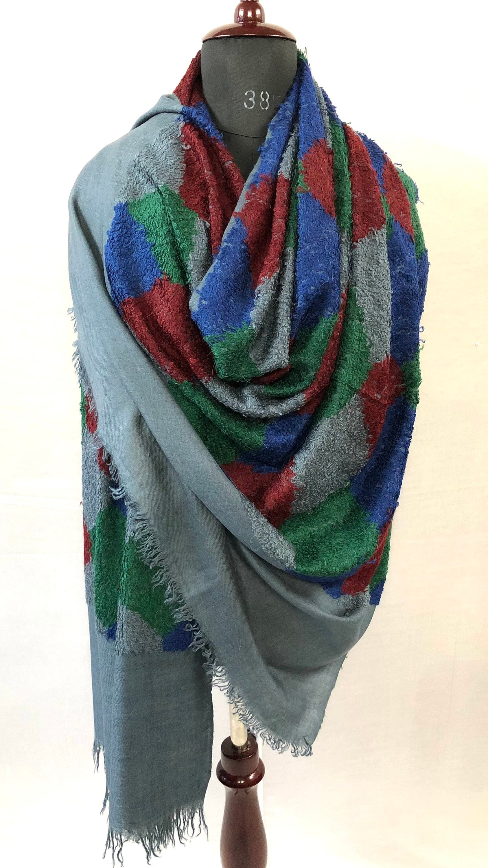 Blue-Grey Towel Weave Harlequin Check Hand Woven Real Ladakhi Cashmere Pashmina Wrap Shawl - Mehraj Crafts 