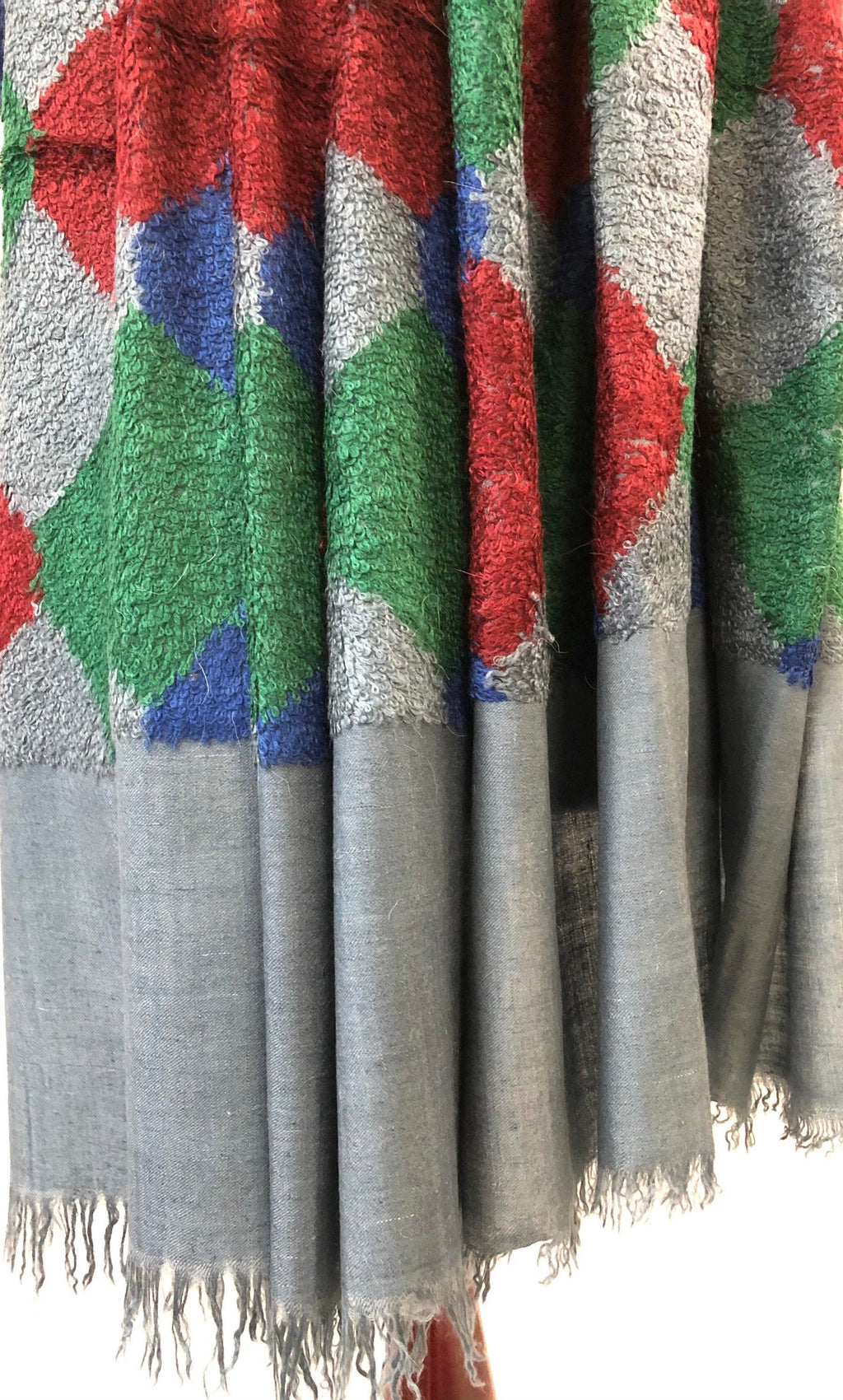 Blue-Grey Towel Weave Harlequin Check Hand Woven Real Ladakhi Cashmere Pashmina Wrap Shawl - Mehraj Crafts 