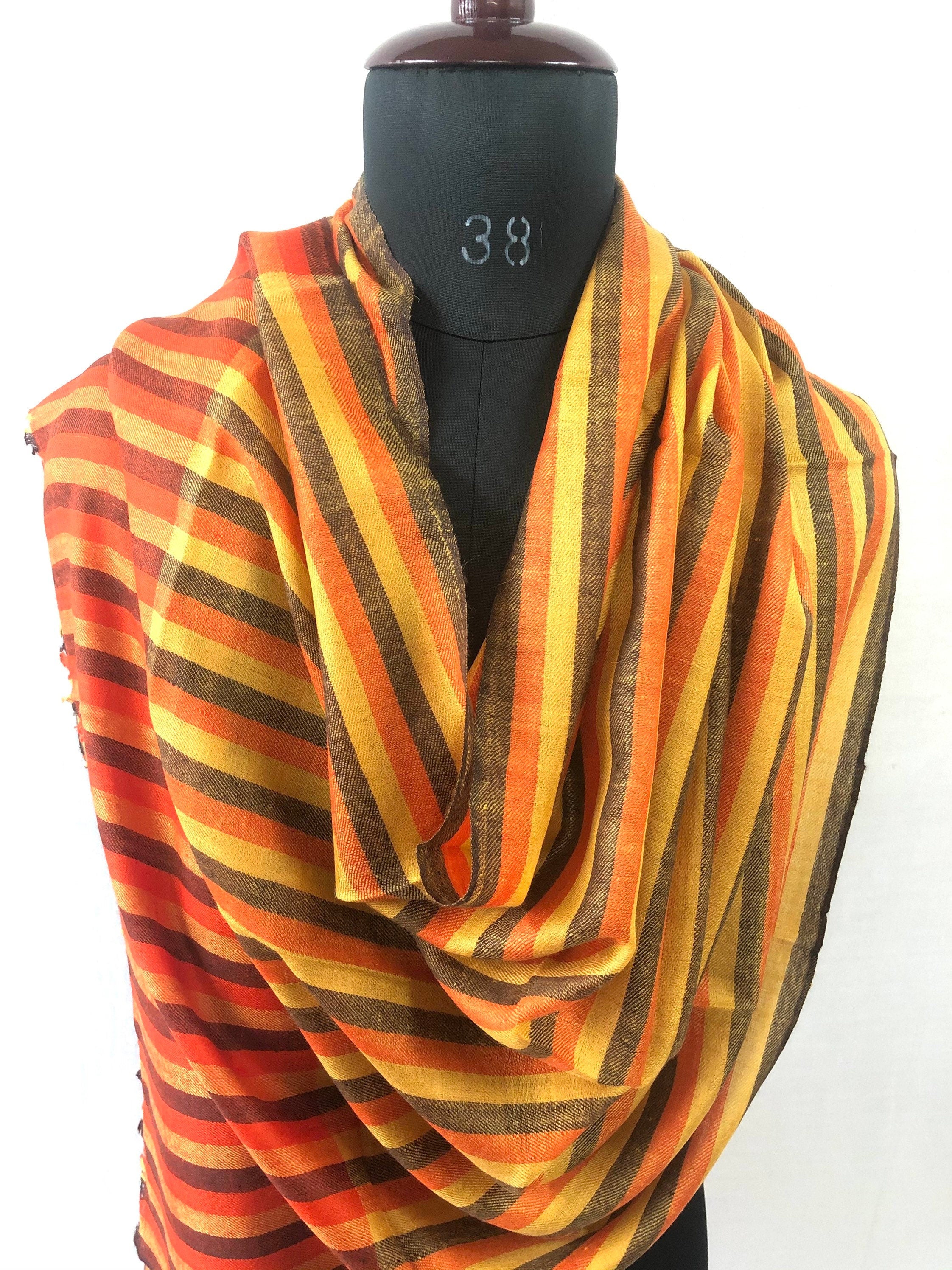 Gold Fusion Bengal Stripes Handwoven Real Cashmere Pashmina Stole Scarf - Mehraj Crafts 