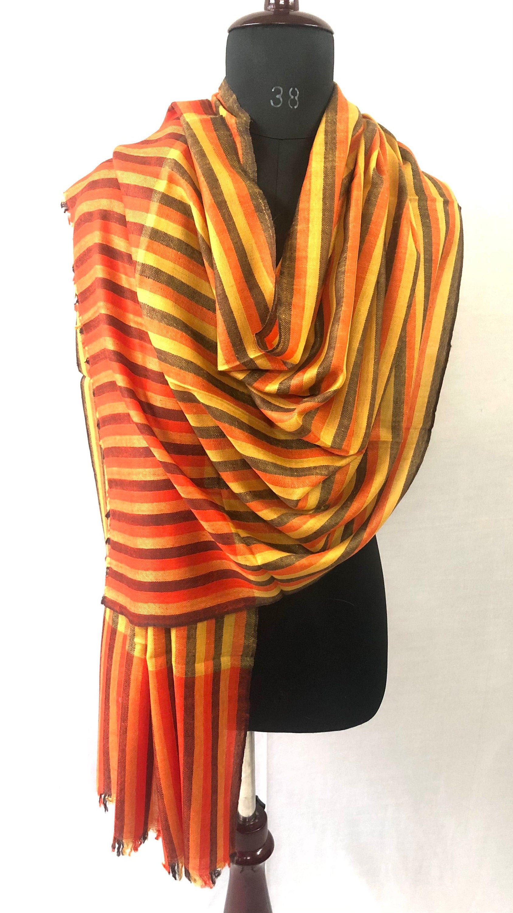 Gold Fusion Bengal Stripes Handwoven Real Cashmere Pashmina Stole/Scarf/70*200 cm