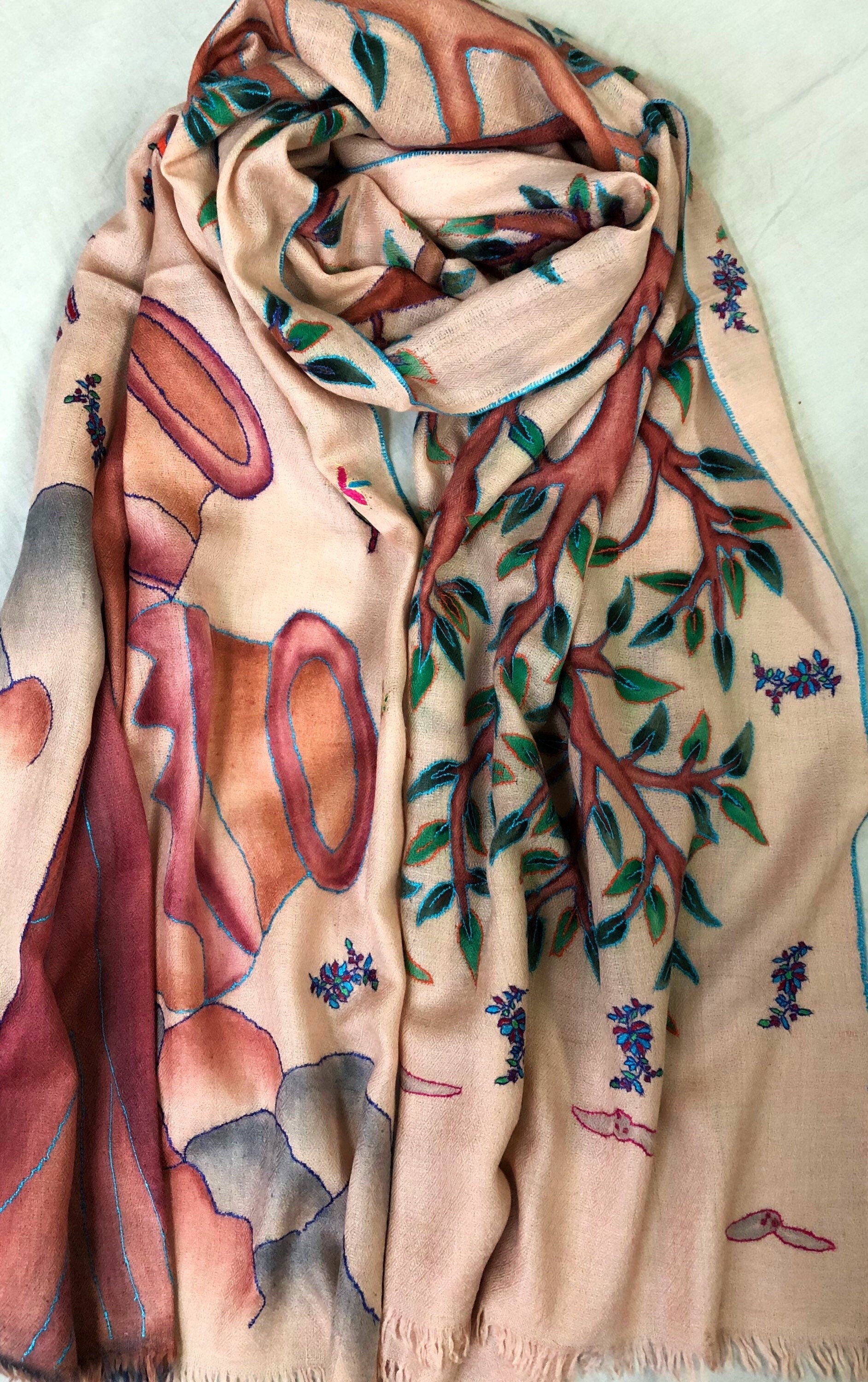 teacher gift Hand Painted And Handwoven Ladakhi Cashmere Pashmina Embroidered Stole - Mehraj Crafts 