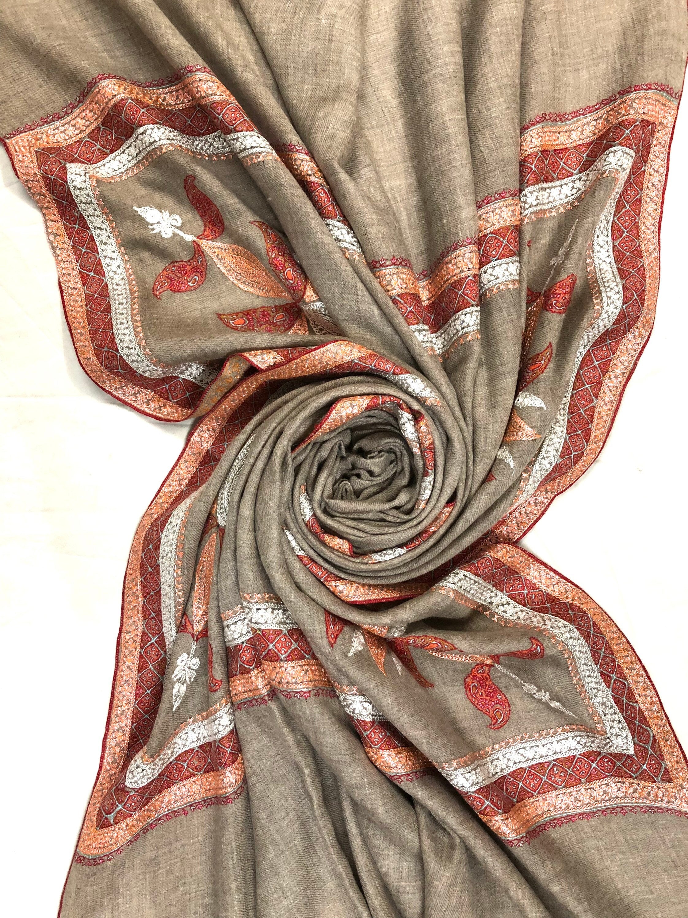 teacher gift GI Certified Khudrang Natural Luxury Hand Embroidered Tilla Work With Sozni Embroidery Real Cashmere Pashmina Shawl - Mehraj Crafts 