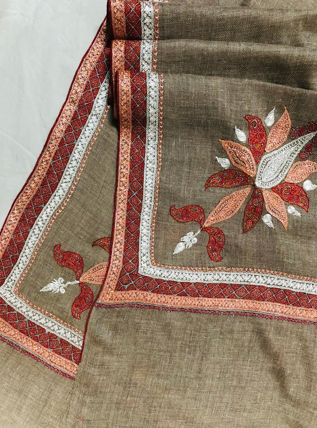 Hand Embroidered Cashmere Pashmina Shawl: Tilla Work Sozni Embroidery | 100x200 cms