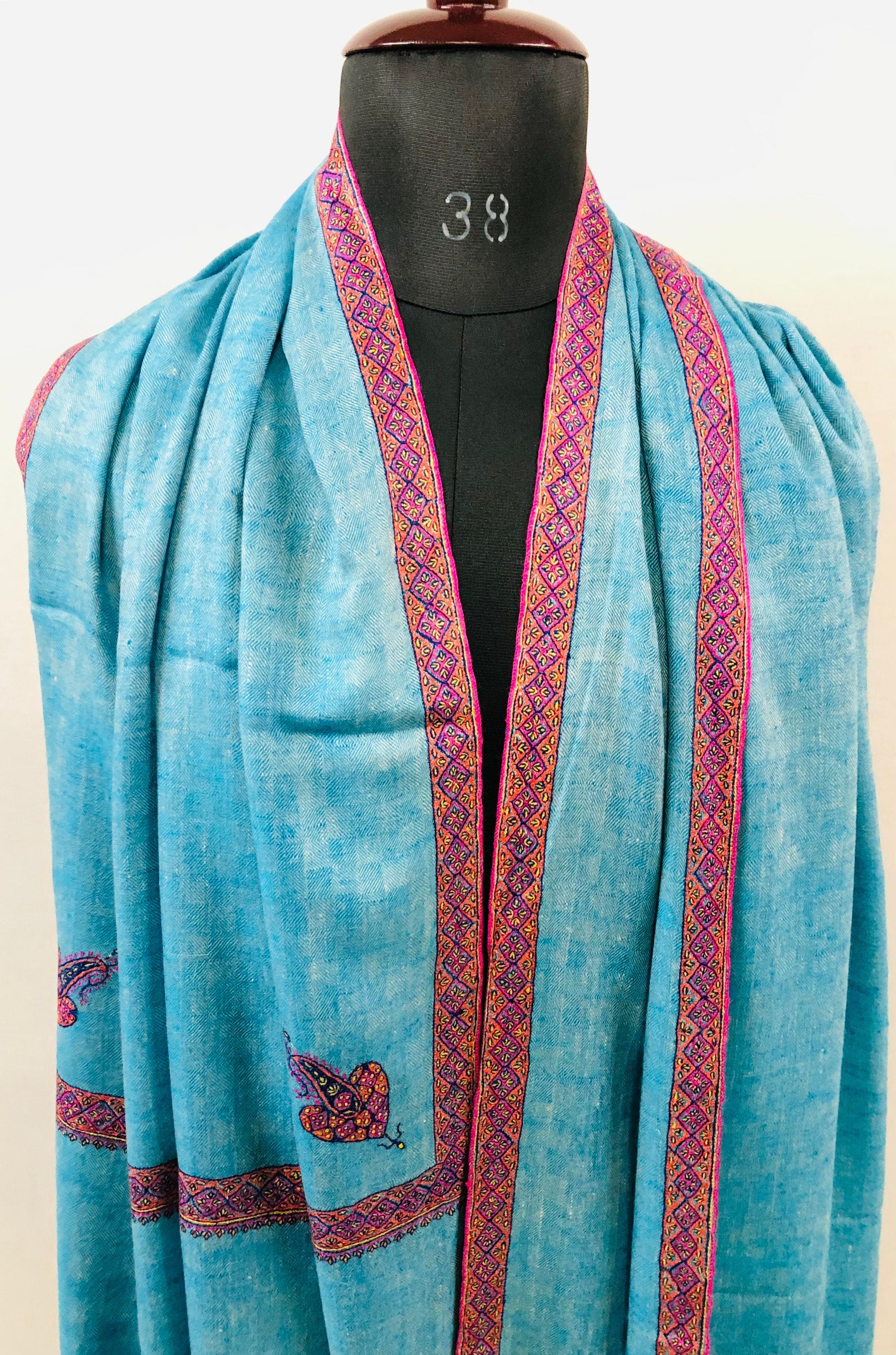 Boxing day Peacock Blue Handmade Box Weave Handcrafted Sozni Embroidery Border Real Cashmere Pashmina Stole Scarf Shawl - Mehraj Crafts 