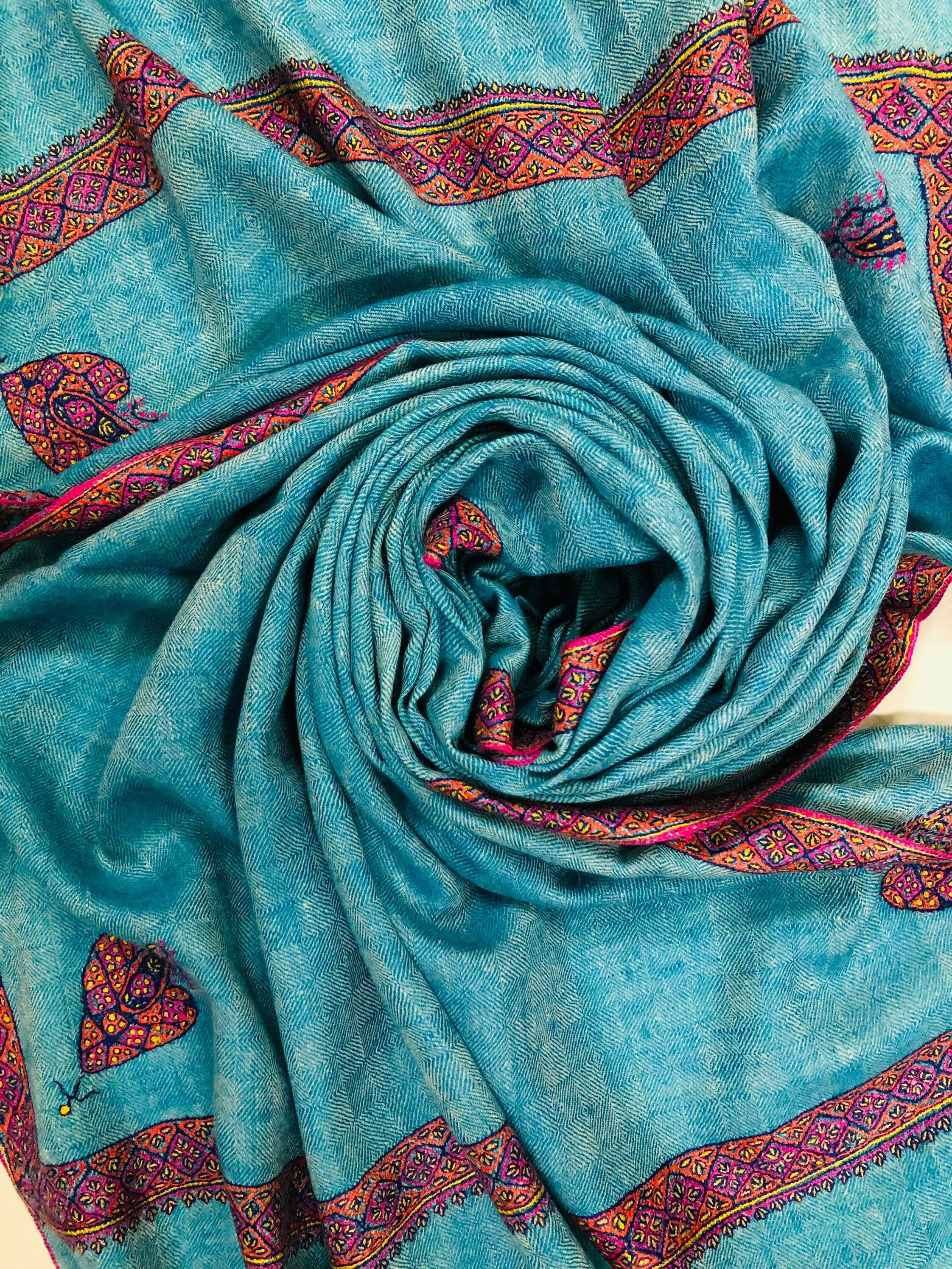 Boxing day Peacock Blue Handmade Box Weave Handcrafted Sozni Embroidery Border Real Cashmere Pashmina Stole Scarf Shawl - Mehraj Crafts 